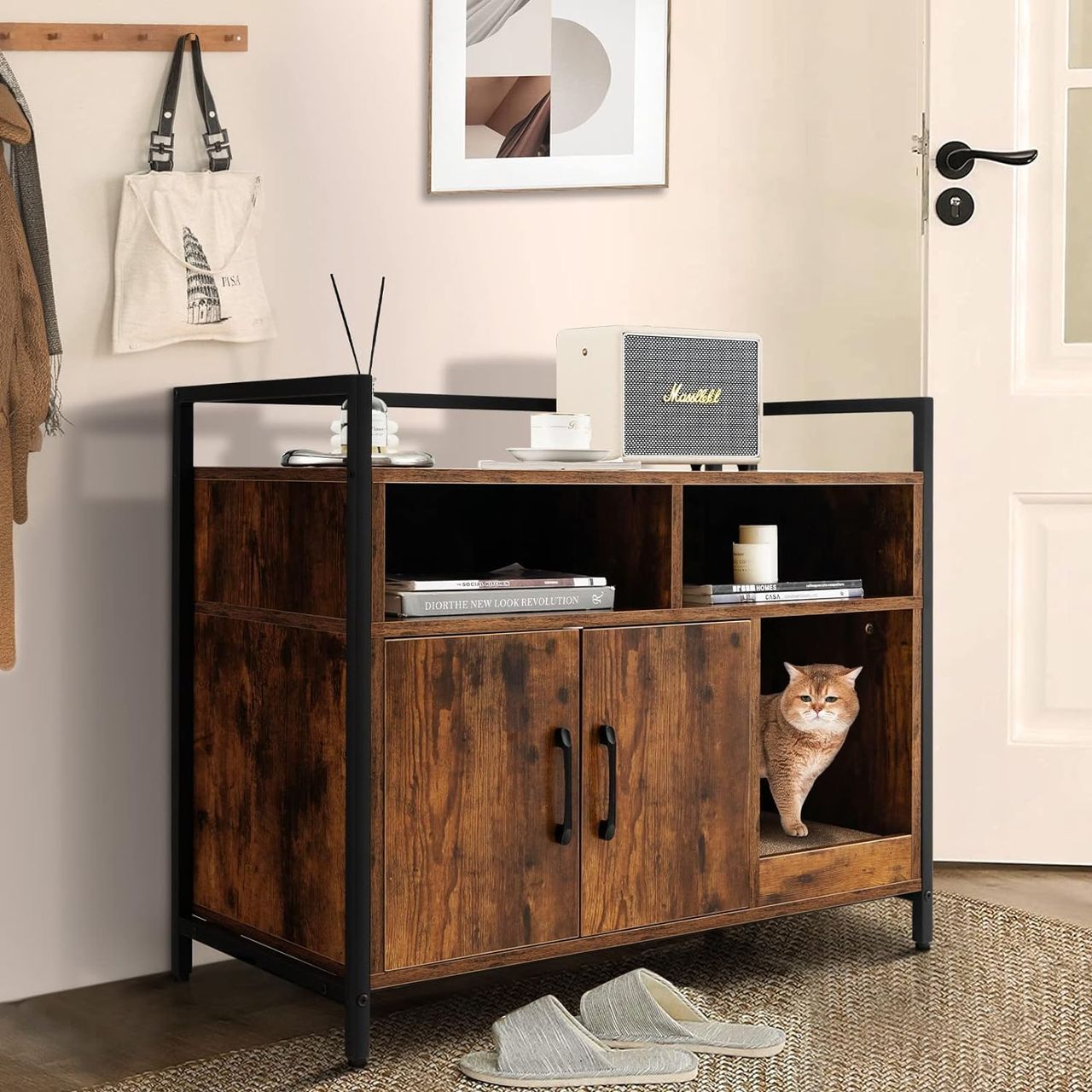 Costway Katzenschrank Katzentoilette mit Doppeltüren & Kratzunterlage