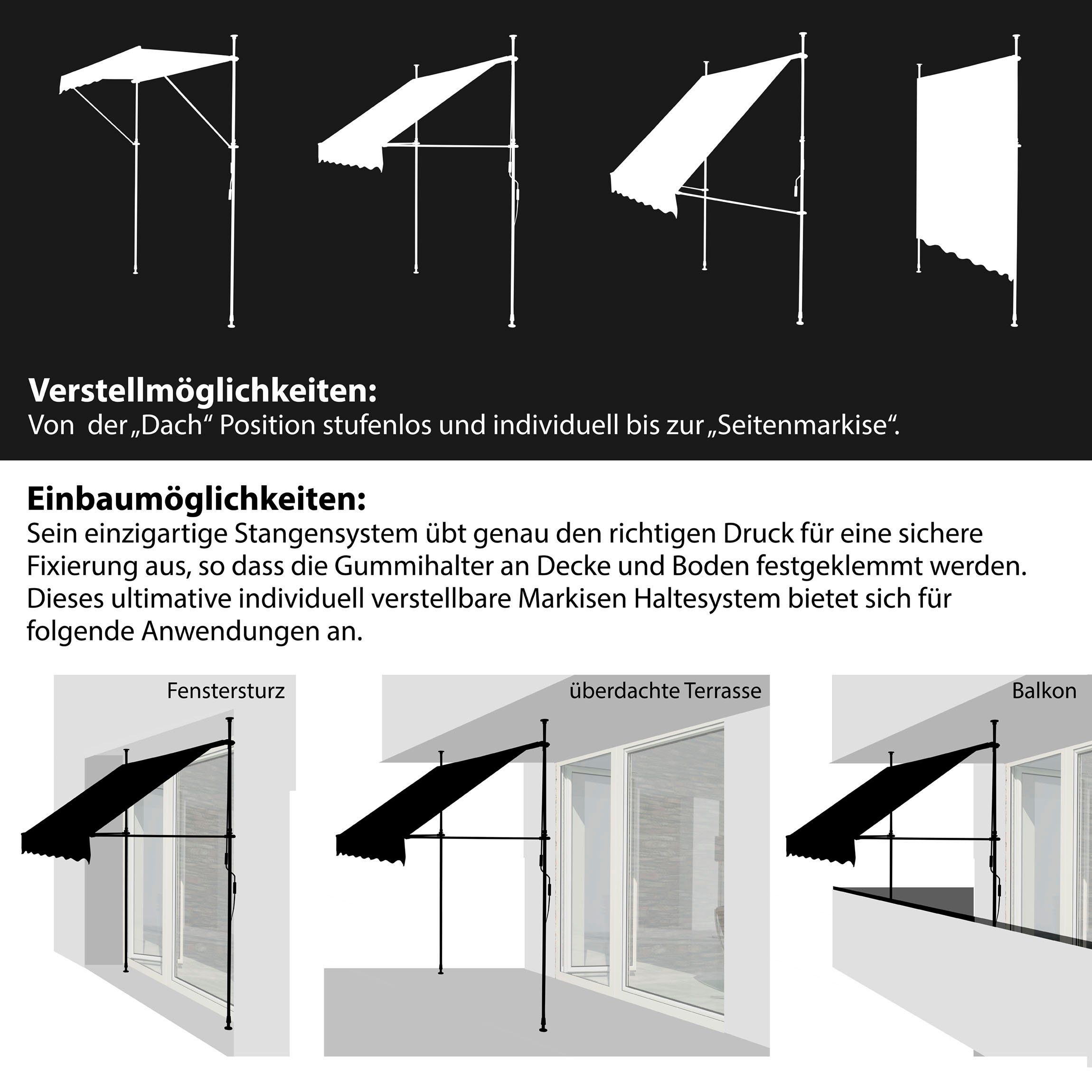 Gartenfreude Klemmmarkise 250x120x200-300 cm, ohne Bohren, Wellenschnitt
