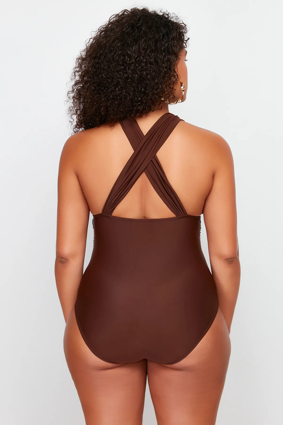 Trendyol Curve  Brauner Cross-Recovery-Badeanzug mit tiefem V-Rücken TBBSS23AM00000