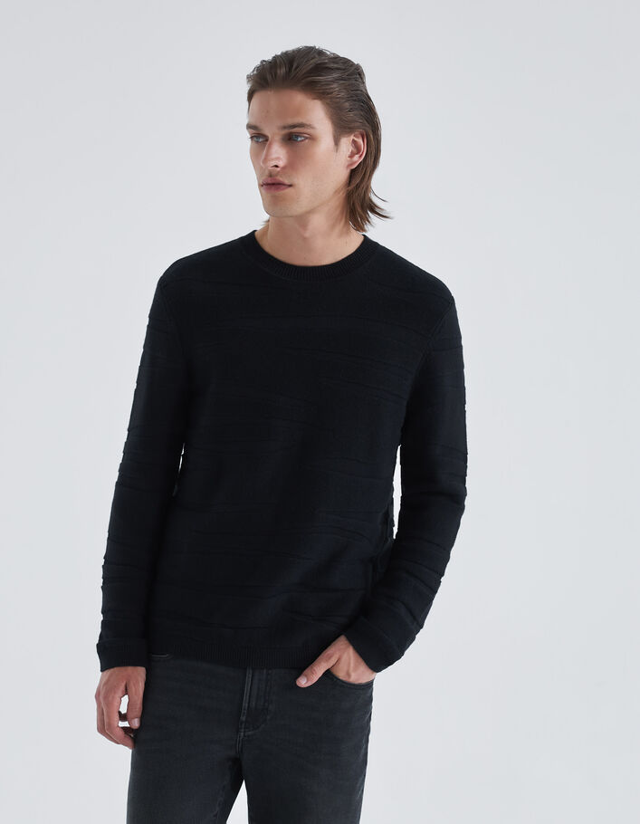 Pull noir tricot jacquard motif zébré Homme