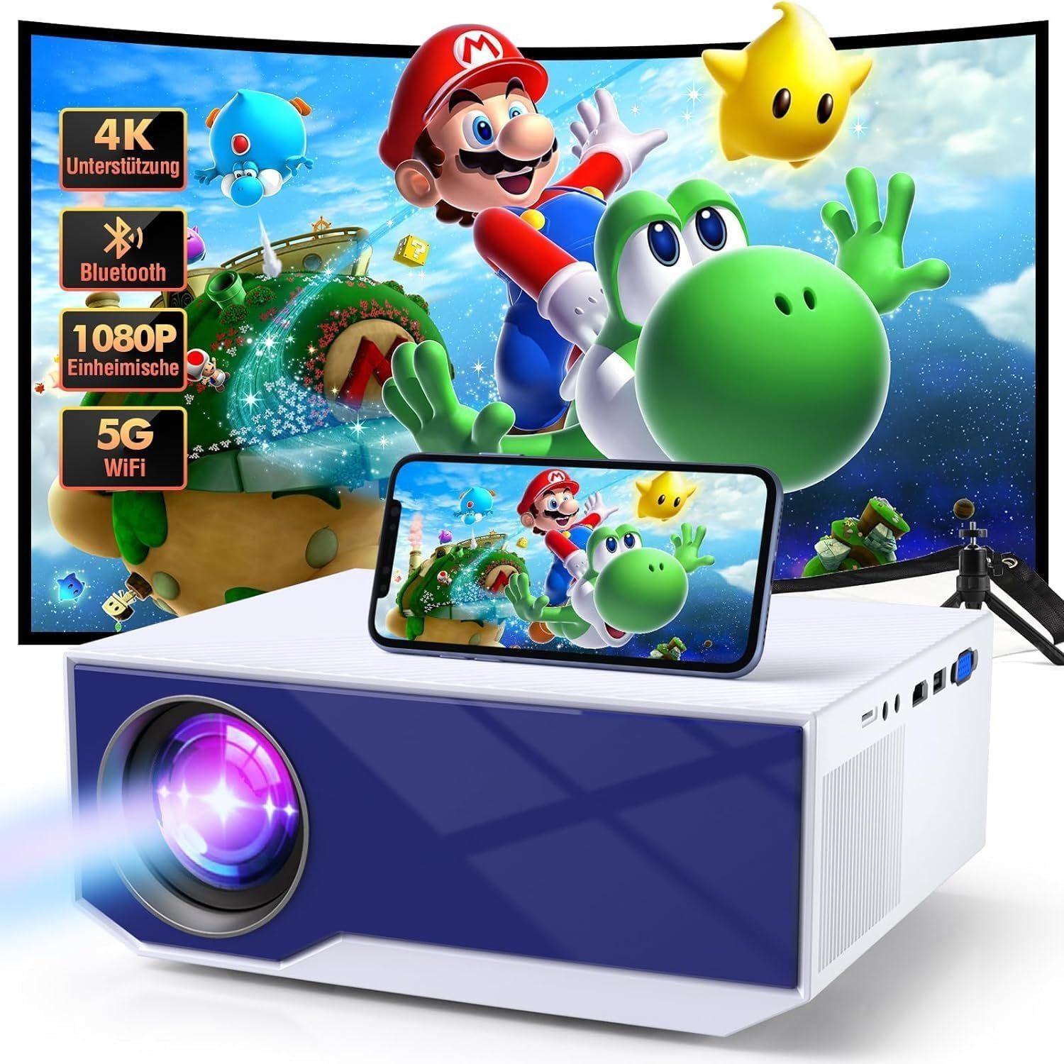 Wielio Mini Beamer WiFi Bluetooth Outdoor/Home Video Portabler Projektor (12000 lm, 1920x1080P px, 4K Wireless Home Display 300 Zoll, kompatibel mit iOS/Android/TV Stick)