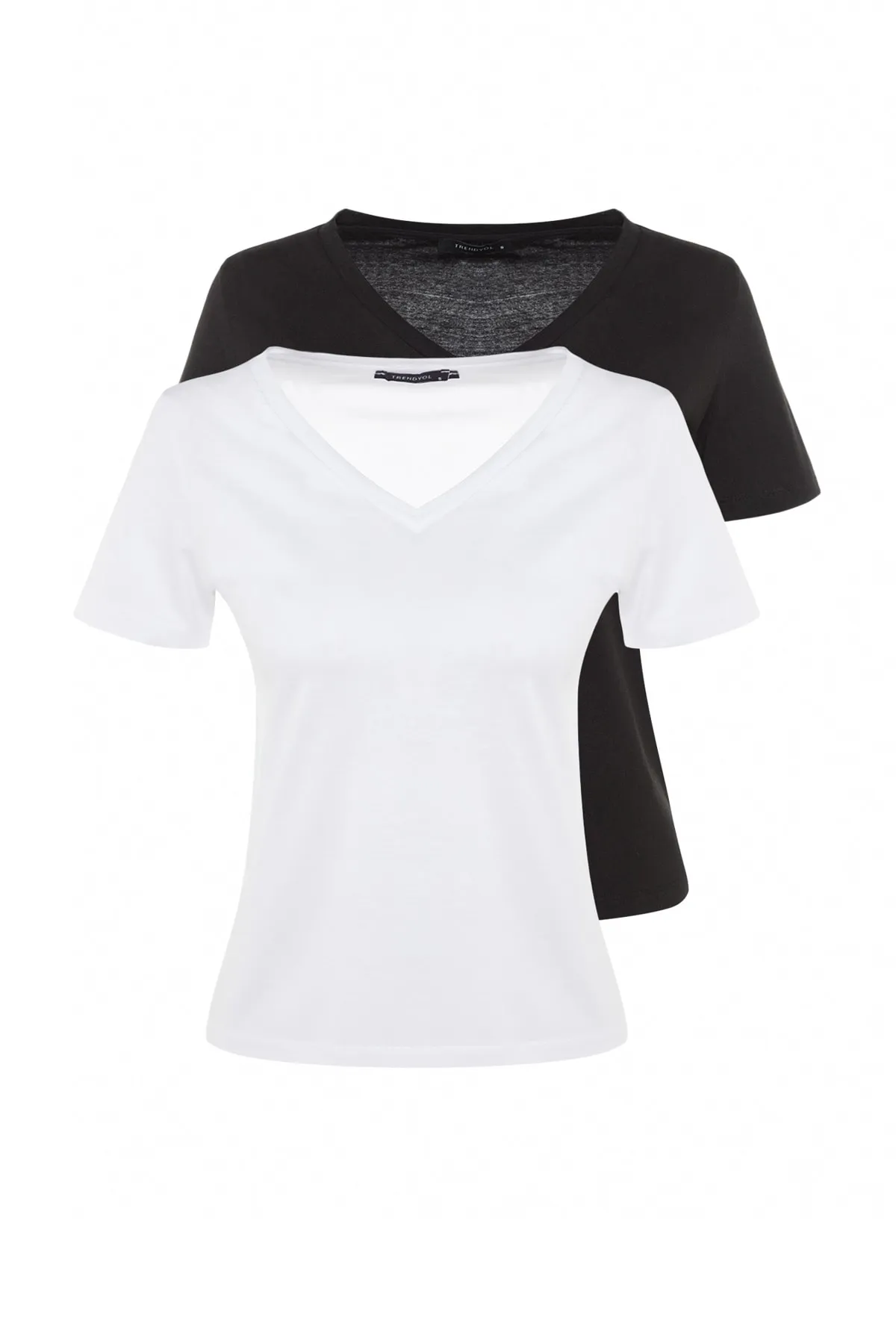 Trendyol Collection  Schwarz-weißes Basic-Strick-T-Shirt mit V-Ausschnitt im 2er-Pack aus 100 % Baumwolle TWOSS23TS00002