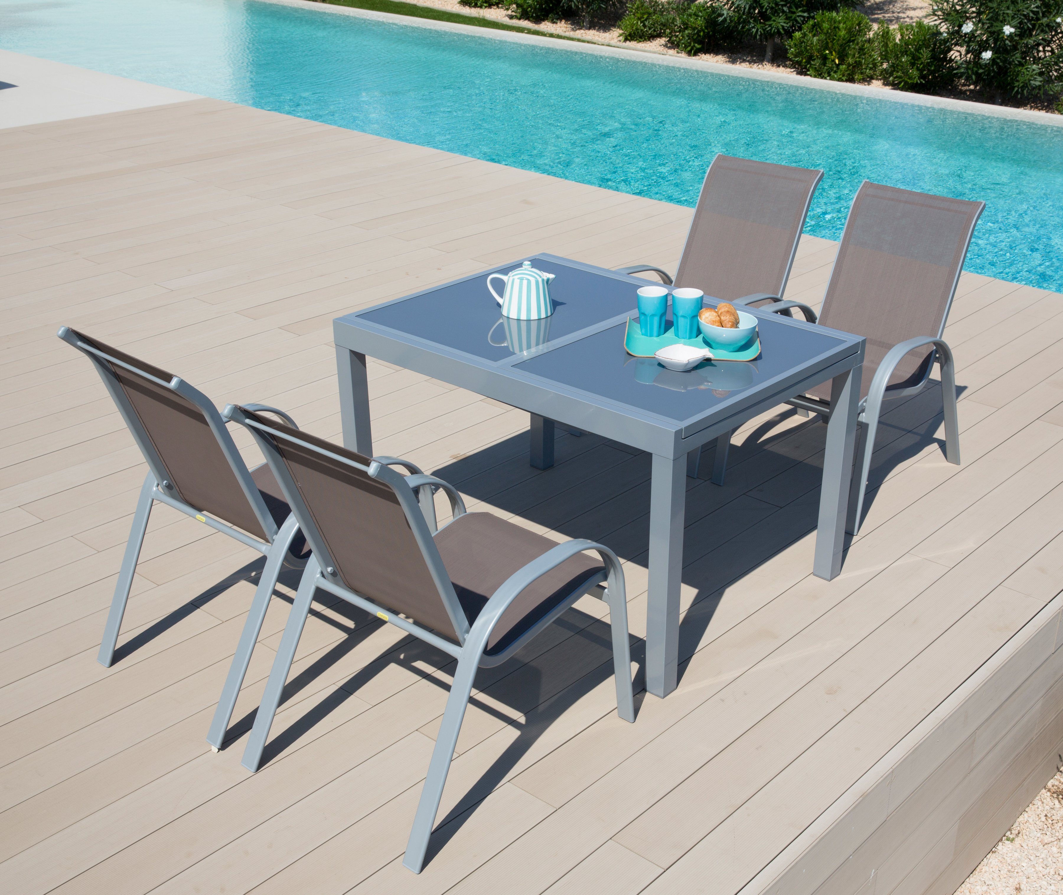 MERXX Garten-Essgruppe Amalfi, (5-tlg), 4 Sessel, Tisch ausziehbar 90x120-180 cm, Alu/Textil