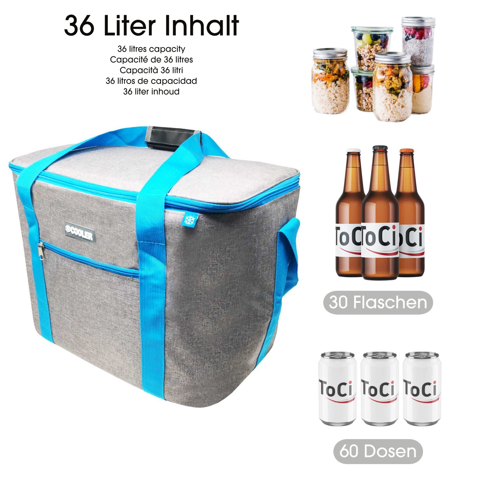 ToCi Kühltasche 36 Liter große Kühltasche Kühlbox Grau mit 6er-Set 200ml Kühlakkus