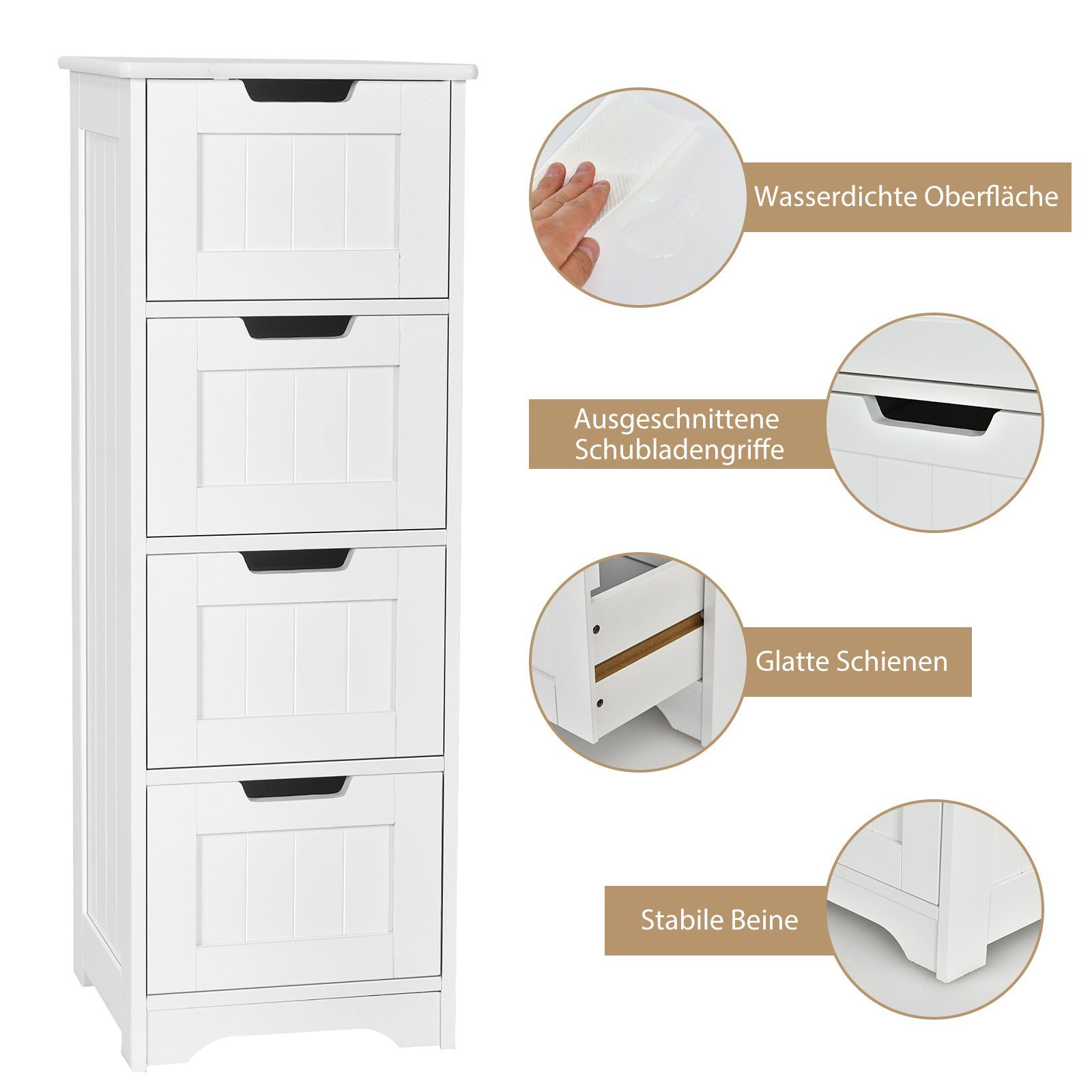 COSTWAY Badkommode, Badezimmerschrank mit 4 Schubladen, 30 x 30 x 83 cm, Weiß