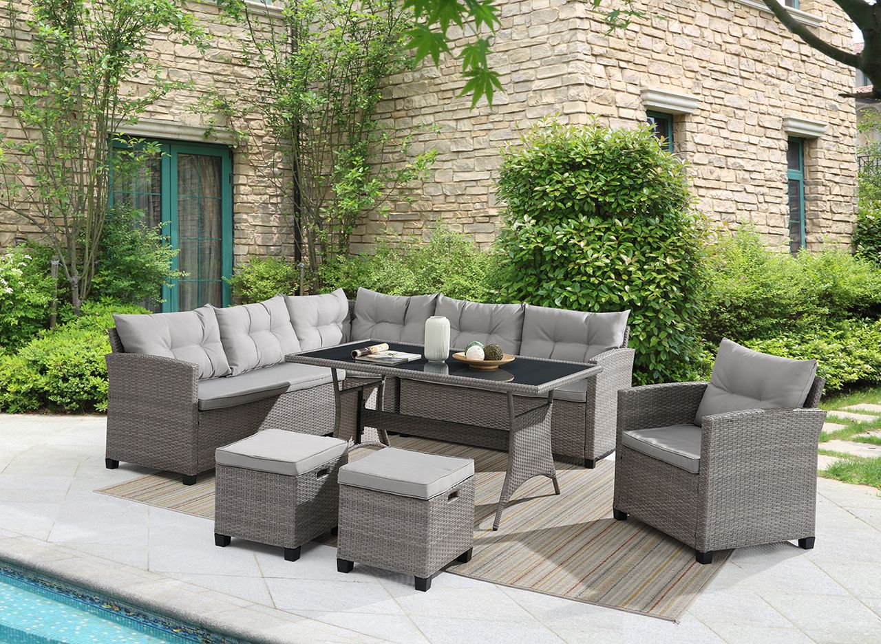 Happy Home Gartenmöbel-Set aus PE-Rattan und pulverbeschichtetem Gestell in elegantem Hellgrau