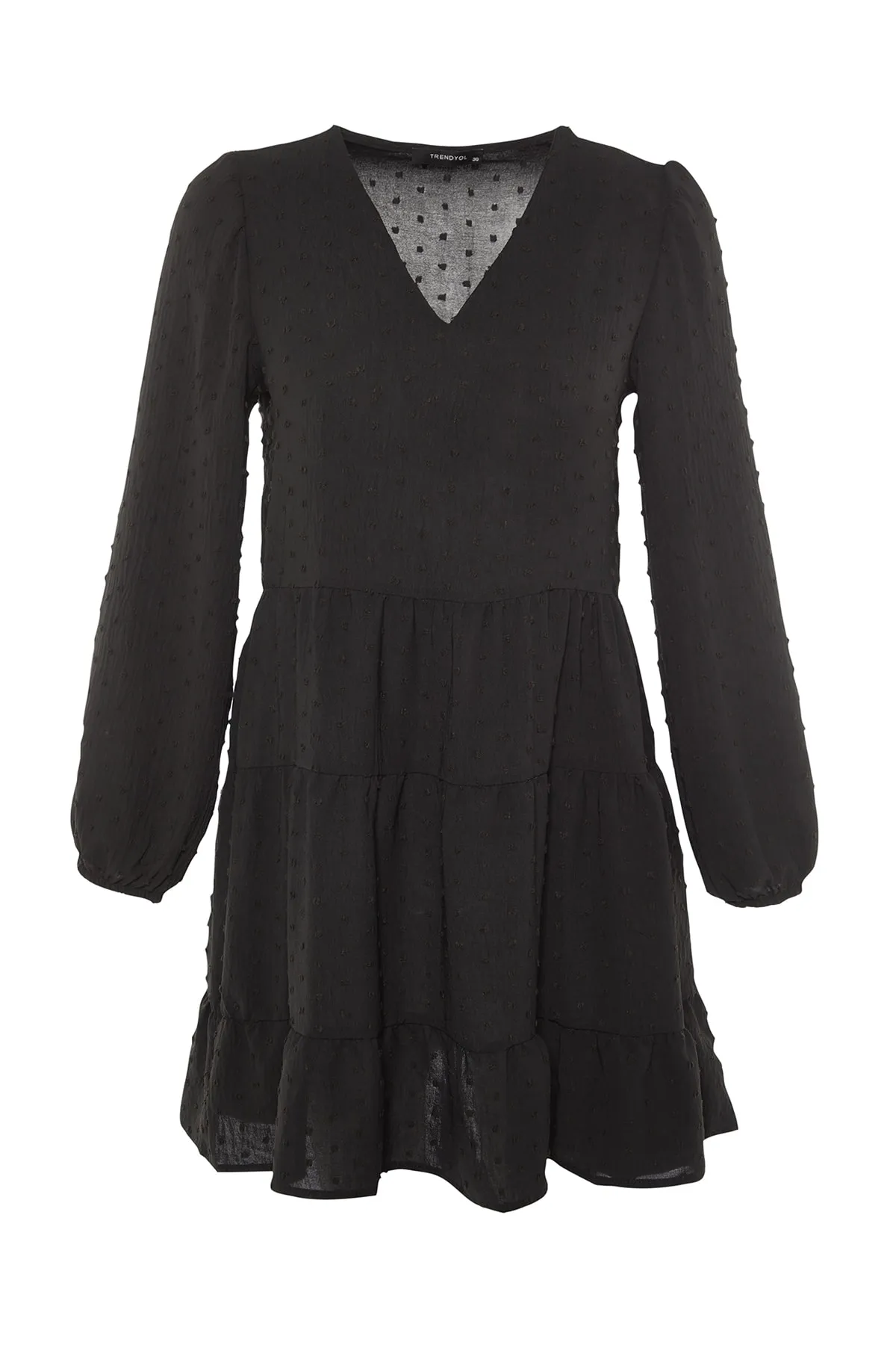 Trendyol Collection  Schwarzes Mini-Kleid mit weitem Schnitt und strukturiertem Volant aus Webstoff TWOAW23EL01479