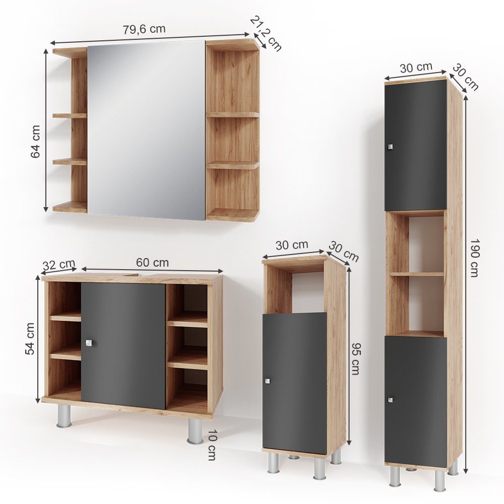 Vicco Badmöbel-Set Badezimmerset FYNN Eiche / Anthrazit Set 4, (Badezimmerset, 4-St., 4-er Set)