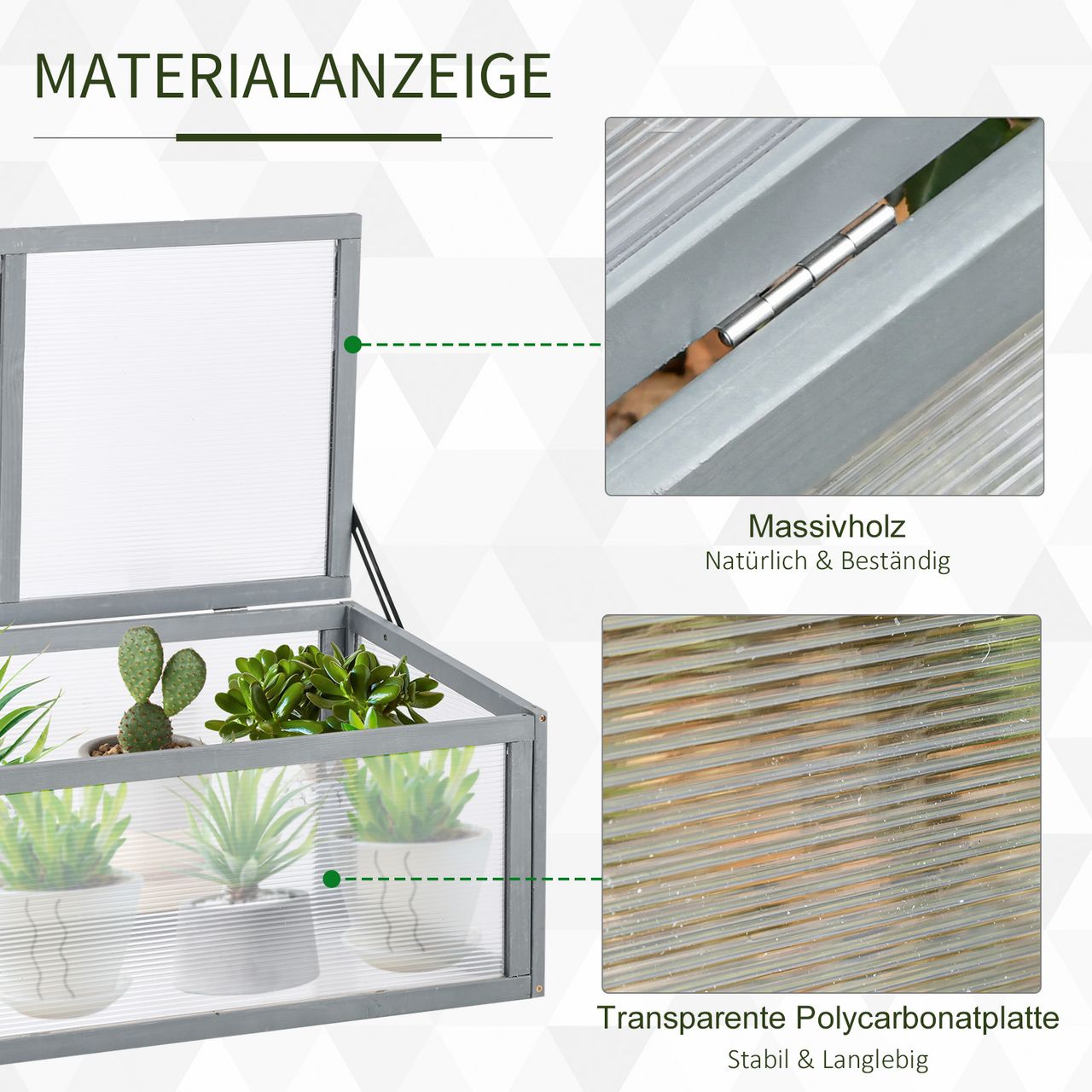 Outsunny Frühbeet Treibhaus Gewächshaus Frühbeetkasten Pflanzenbeet mit Abdeckung aus Holz und Polycarbonat wetterfest Grau 90 x 46 x 40 cm