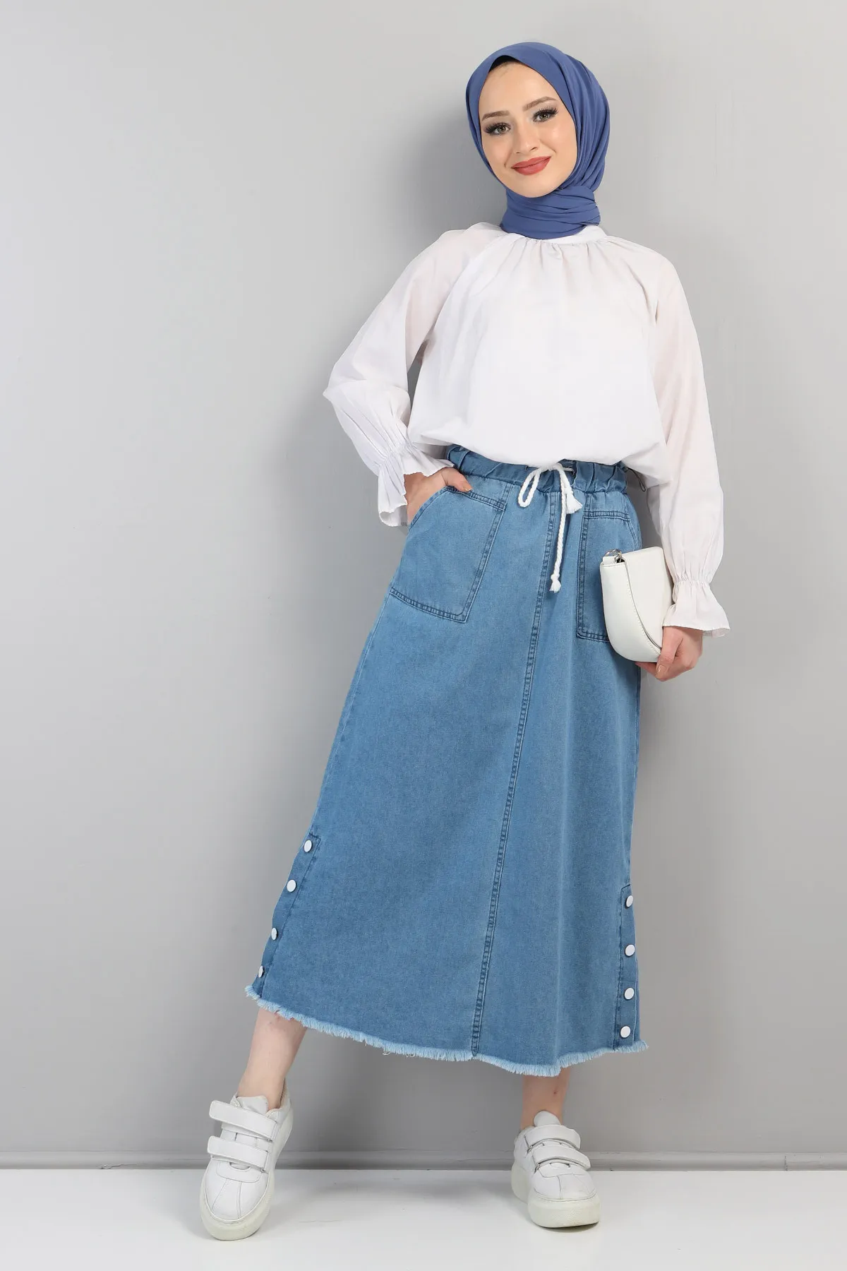 Tesettür Dünyası  Jeansrock mit ausgestellten Seiten Tsd220431 Hellblau