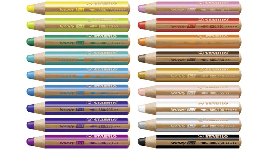 STABILO® Buntstift, Wasserfarbe & Wachsmalkreide - STABILO woody 3 in 1 - ARTY - 18er Pack mit Spitzer und Pinsel sortiert