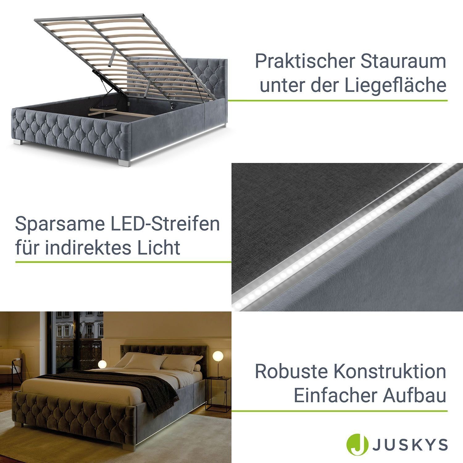 Juskys Polsterbett Nizza, Bettkasten, LED Licht, Chesterfield Steppung, Samtbezug