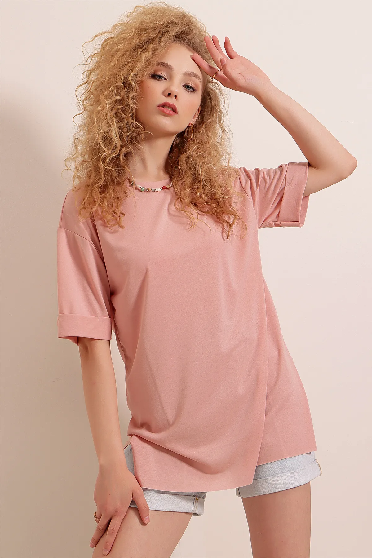 Bigdart  4123 Geschlitztes Oversize-T-Shirt – Puder