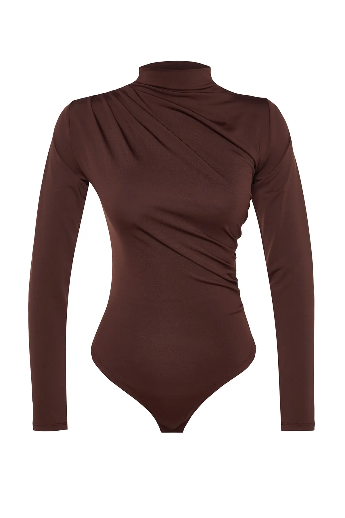 Trendyol Collection  Brauner Stretch-Strickbody mit Stehkragen und Druckknöpfen, gerafftem Detail TWOAW24BD00014
