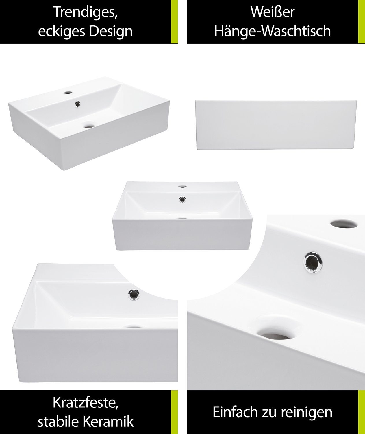 aquaSu Waschbecken Malea (Hänge-Waschtisch, 1-St), 50 cm, Keramik, Weiß, Überlauf, Hahnloch mittig, 562294
