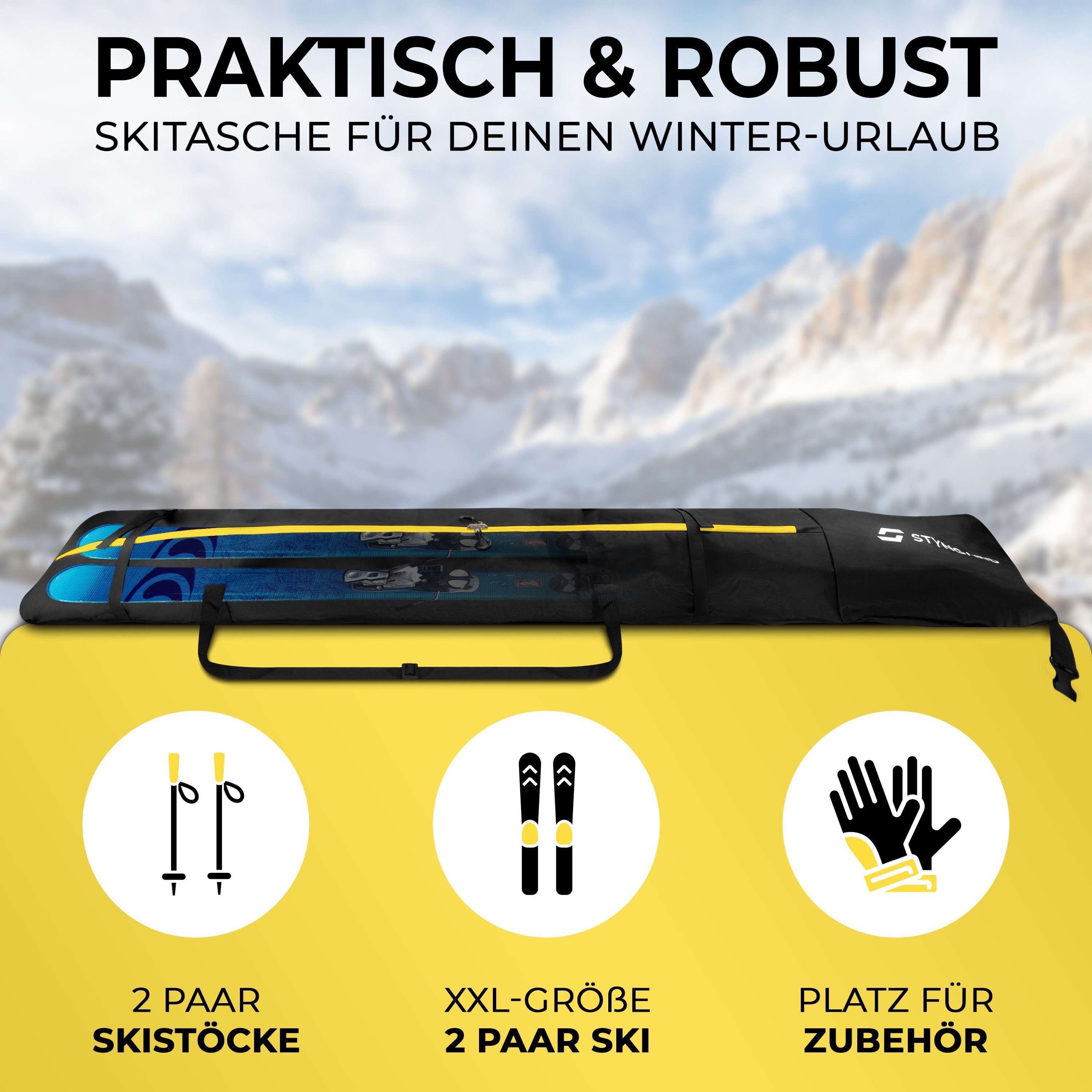 Styngard Skitasche KITZBÜHEL, 2 Paar Ski mit Rolltop [XXL - für 2 x 140 cm bis 200 cm]