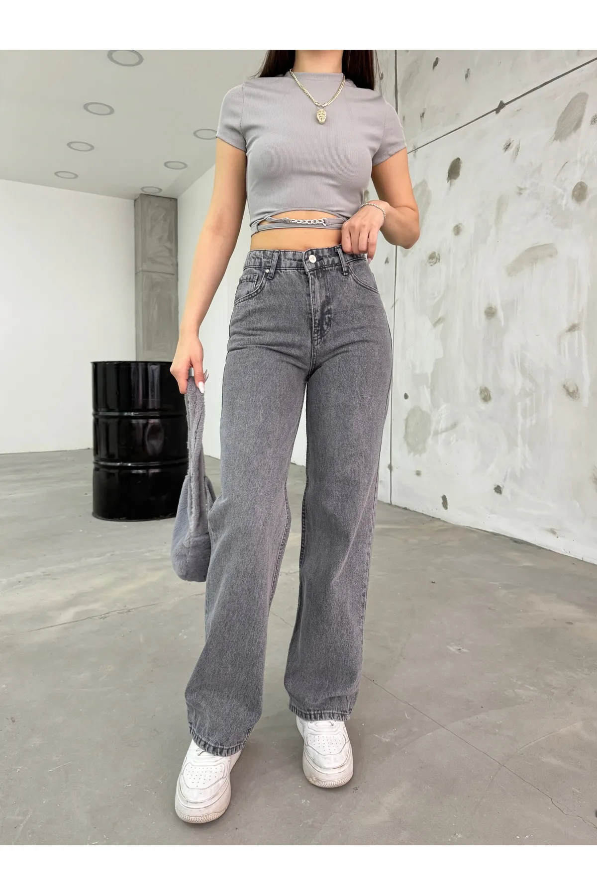 BİKELİFE  Graue Damenjeans mit hohem Bund und dehnbarem Lycra und weitem Bein
