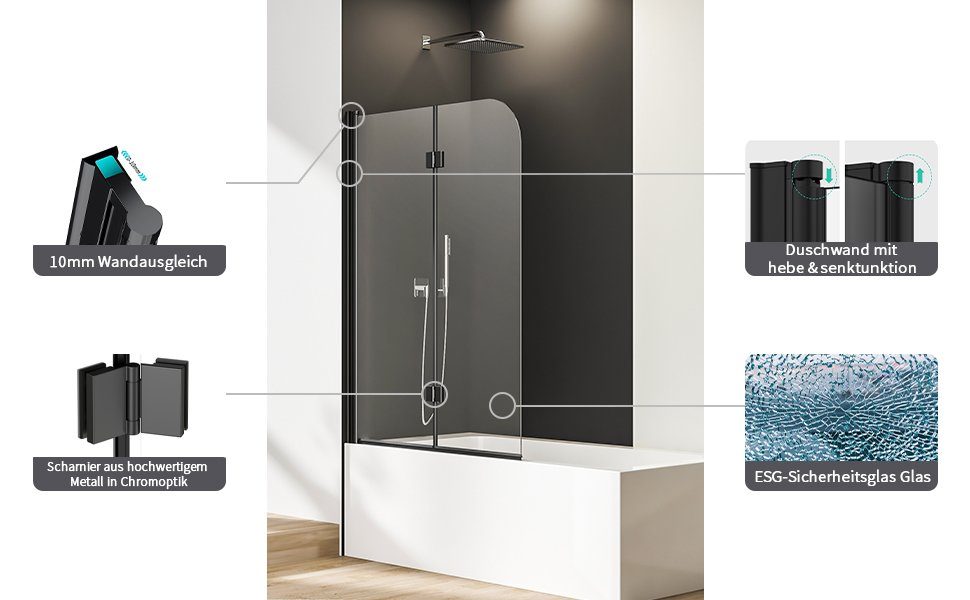 Boromal Badewannenfaltwand Badewannenfaltwand Duschwand 2-teilig Faltbar 6mm ESG NANO 140H, Einscheibensicherheitsglas mit NANO, Rechts-und Links montierbar