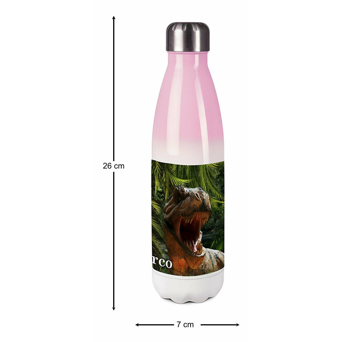 Edelstahl Kinder Thermoflasche / Trinkflasche bunt T-Rex Spülmaschinenfest, Auslaufsicher, Bruchfest, Doppelwandig, Für Heißgetränke geeignet, Mit Deckel, Isoliert