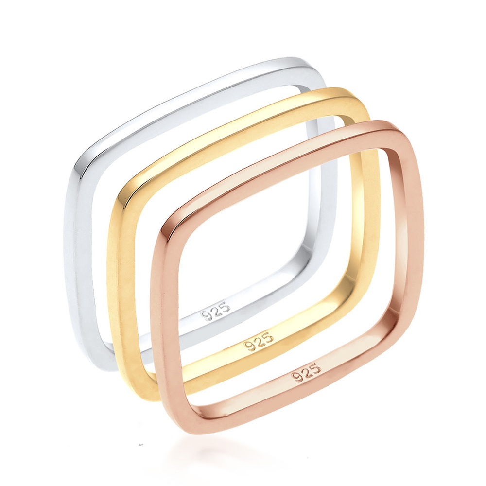 Elli Elli Bague Femmes Pile Set Basique Quadrilatère Tri-colore en Argent Sterling 925 Bague