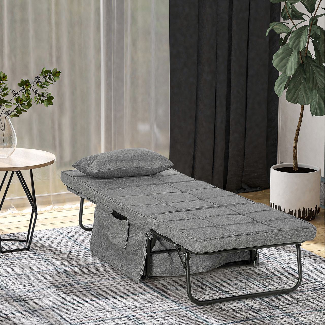 HOMCOM 4-in-1 Einzelbett Klappbett Gästebett klappbare Reisebett Sessel Ottomane mit 8 cm Matratze 5-Stufen Höhenverstellbar mit stabilem Stahlrahmen Grau 188 x 75 x 38 cm…
