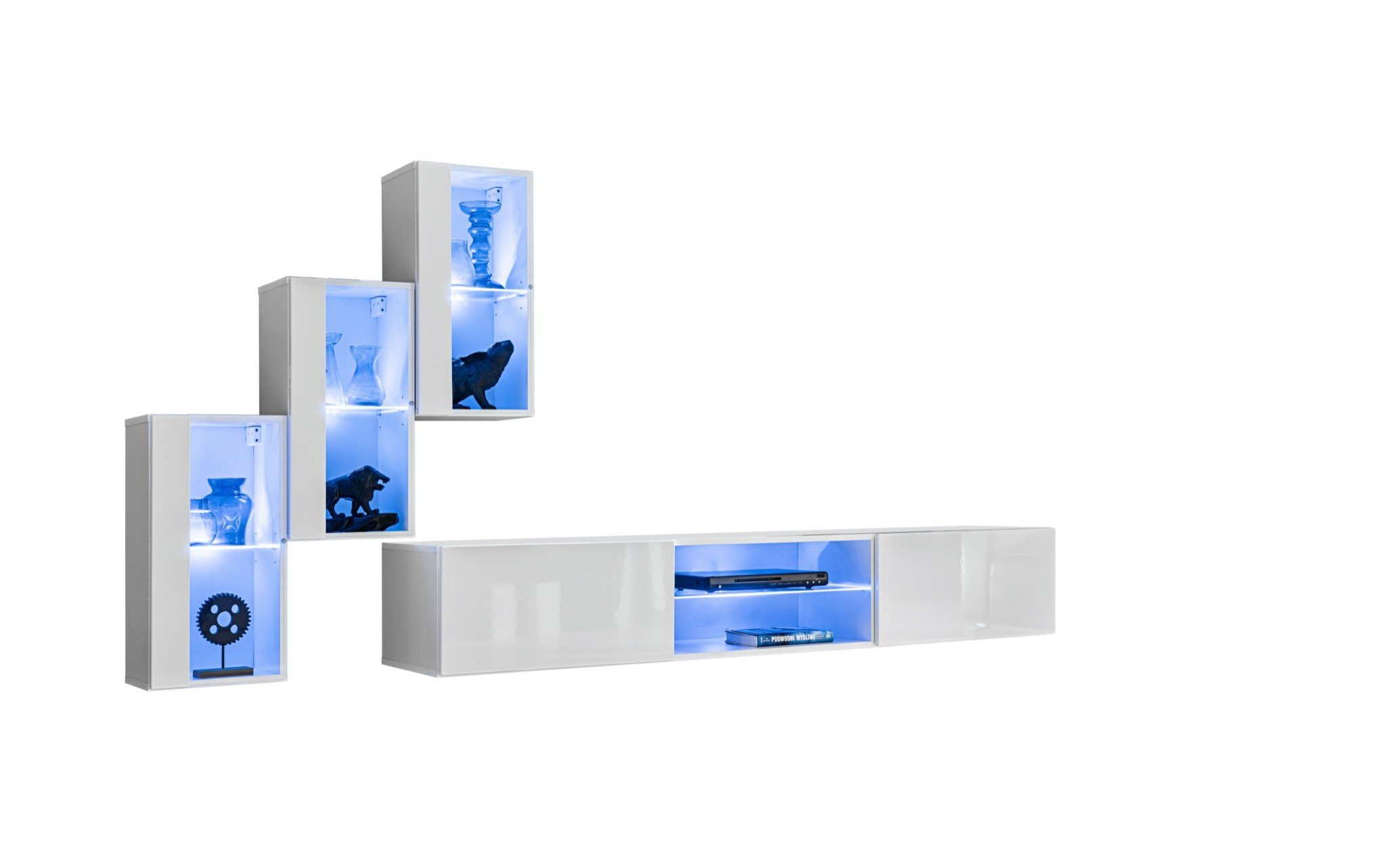 JVmoebel Wohnwand Luxus Wohnwand Neu Wohnzimmer Set 210 cm Einrichtung Modern, (4-St., TV Ständer + 3x Hänge Vitrine), LED beleuchtet