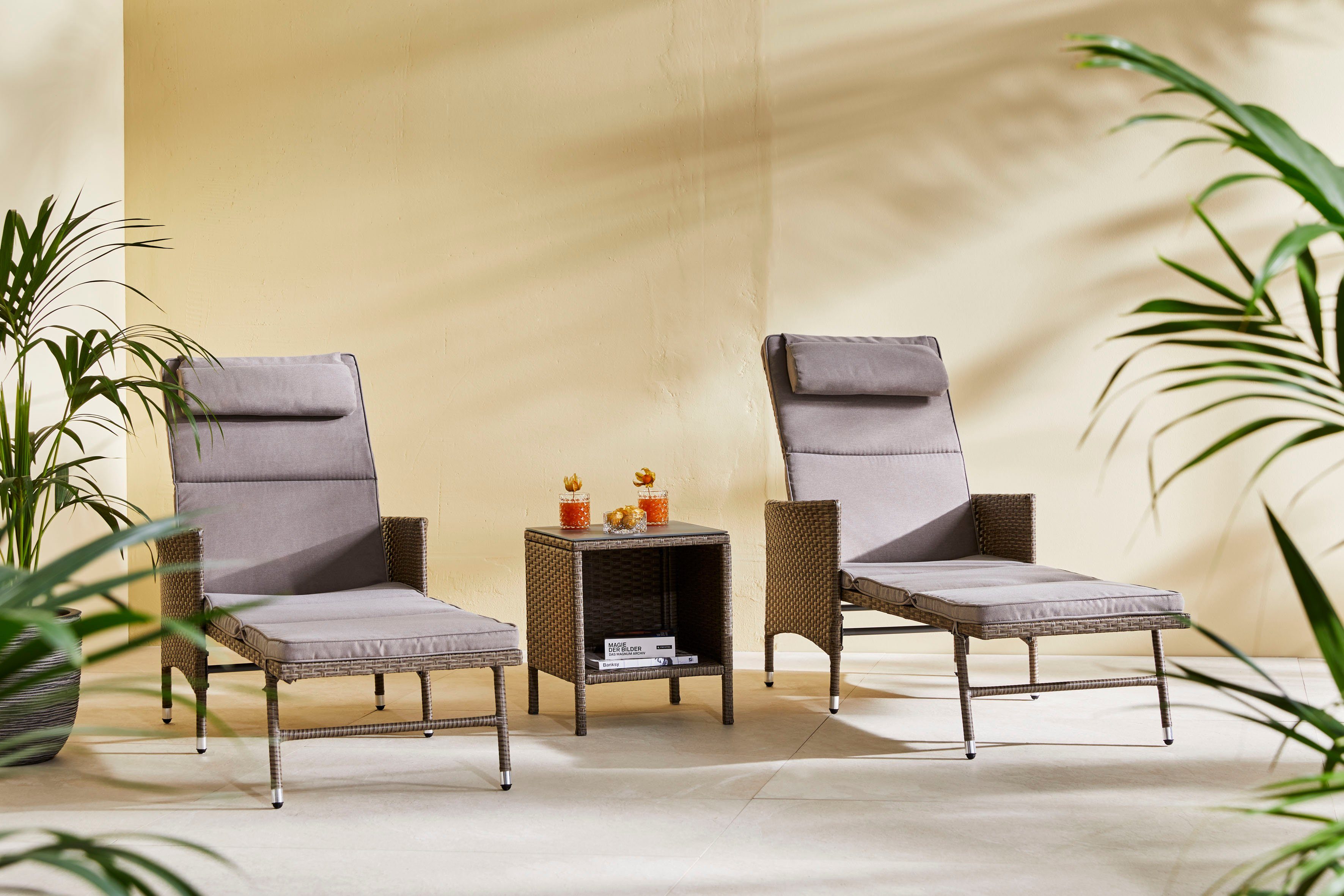 KONIFERA Gartenliege Mailand, Set, 5 St., 2x Liege, 1x Tisch 42x42x48, Stahl /Polyrattan, inkl. Auflagen