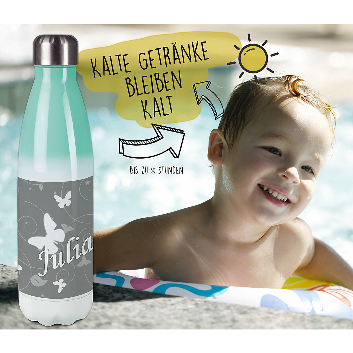 Edelstahl Kinder Thermoflasche / Trinkflasche bunt Schmetterling Ornamente Farbe grau Spülmaschinenfest, Auslaufsicher, Bruchfest, Doppelwandig, Für Heißgetränke geeignet, Mit Deckel, Isoliert