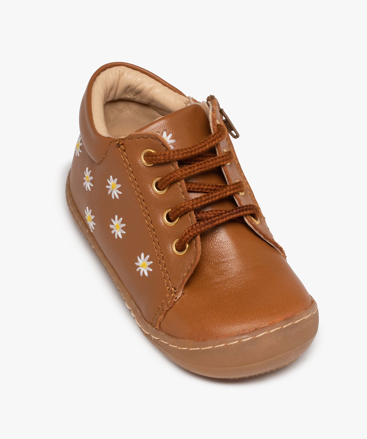Bottillons premiers pas bébé fille dessus cuir à fleurs – NA!