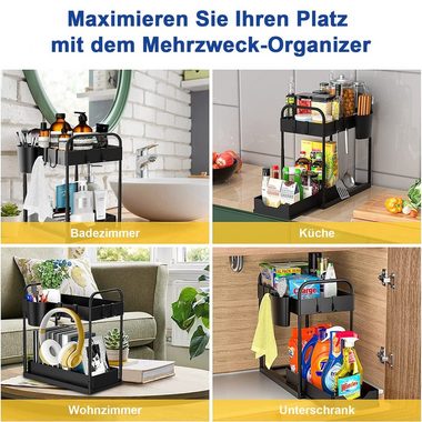 Kpaloft Ablageregal 2-stöckiger Organizer mit 4 Haken 2 Etagen & 1 Hängebeche, Spülschrankregal Waschbecken Regal, Unter der Spüle Schiebeschrank Regal Organizer für Badezimmer, Küchen