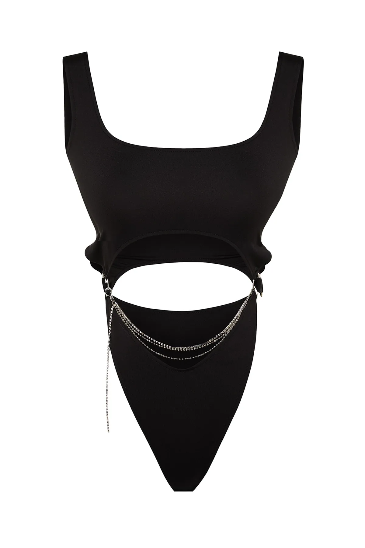 Trendyol Collection  X Zeynep Tosun Schwarzer Body mit hohem Beinausschnitt und Kettendetail TCLSS23BD00004