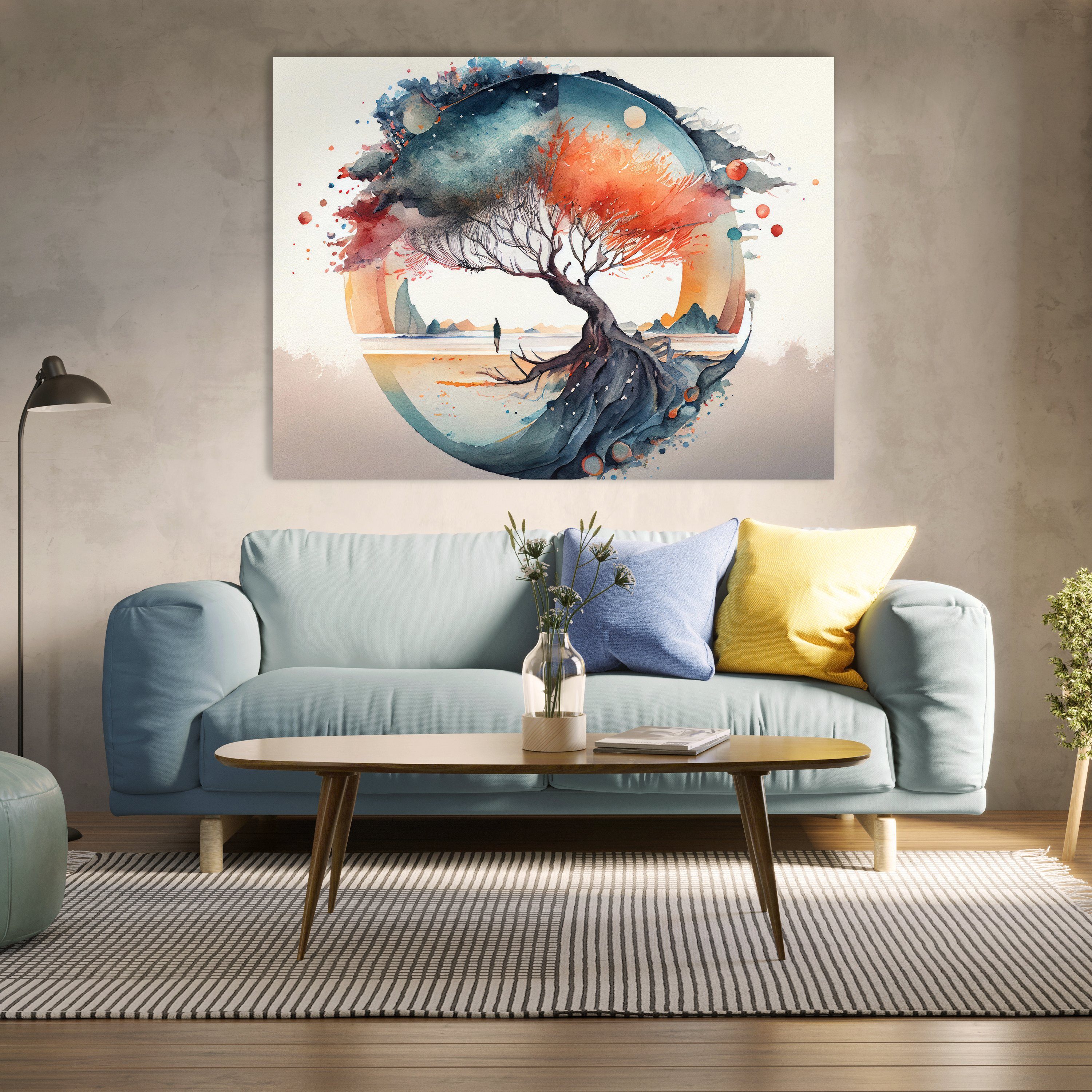 wandmotiv24 Leinwandbild Aquarell, Baum, Querformat, Kunst & Gemälde (1 St), Wandbild, Wanddeko, Leinwandbilder in versch. Größen