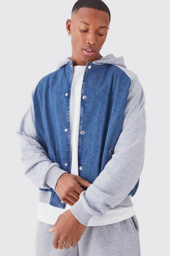 Kastige Jersey und Denim Bomberjacke mit Kapuze