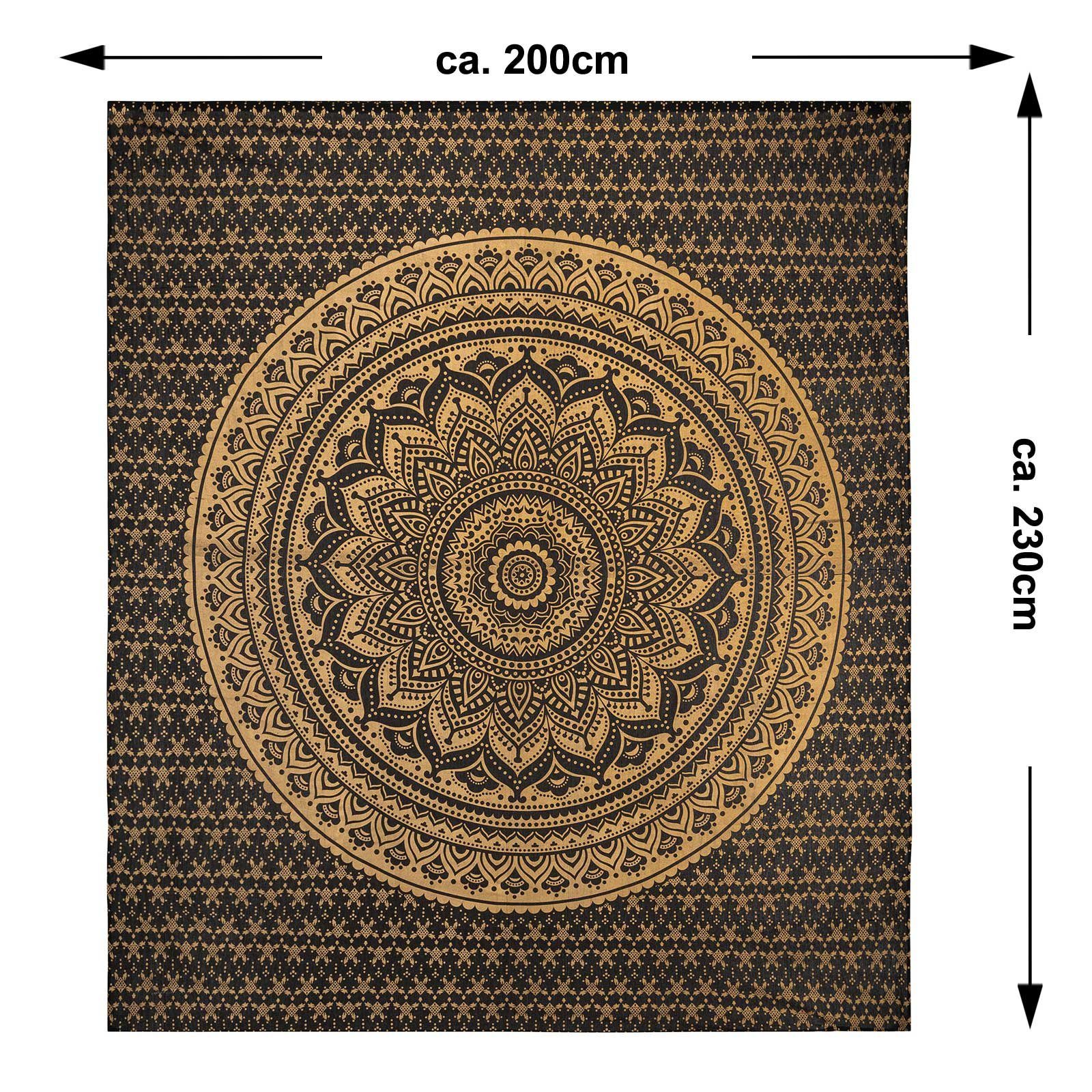Wandteppich Tagesdecke Wandbehang Dekotuch Lotus Mandala Schwarz-Gold ca.200x230cm, KUNST UND MAGIE
