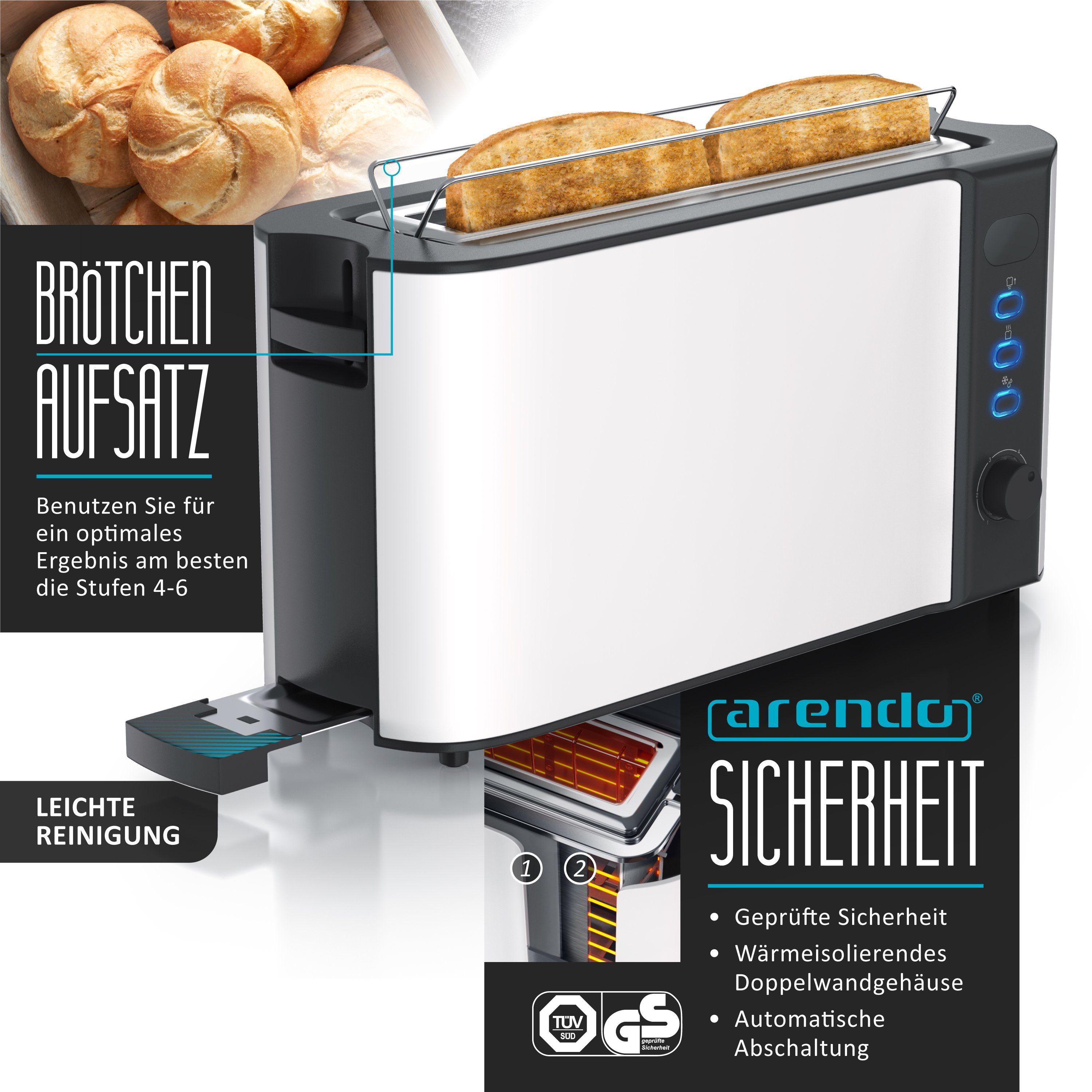 Arendo Frühstücks-Set (2-tlg), Wasserkocher 1,5l & 2-Scheiben Langschlitz Toaster, Edelstahl, Weiß