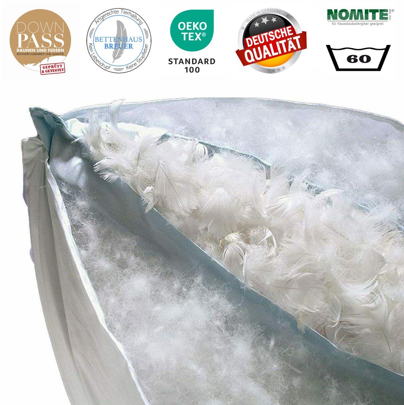 3-Kammer-Kopfkissen 3 Kammer Kopfkissen premium extra dick 1100g neue Daunen Klasse1 80x80, Sympathica, Füllung: Innenkammer 100% neue weiße Federn Klasse1, Außenkammer 90% neue weiße Daunen + 10% neue weiße Kleinstfederchen Klasse1, Bezug: 100% Baum