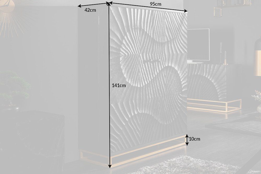 riess-ambiente Barschrank SCORPION 141cm schwarz / gold (Einzelartikel, 1-St) Wohnzimmer · Massivholz · Metall · 3D Schnitzereien