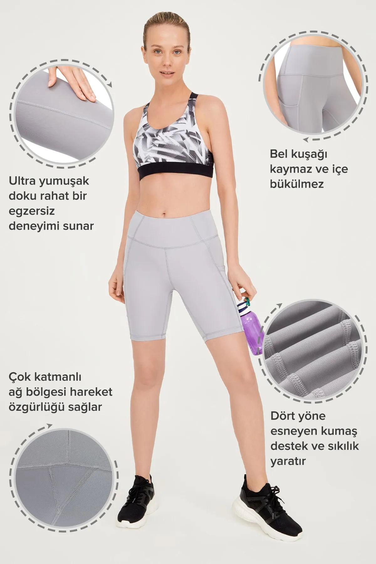 LOS OJOS  Damen-Kompressor-Biker-Shorts mit hoher Taille und doppelter Tasche, kurze Sport-Tights in Grau