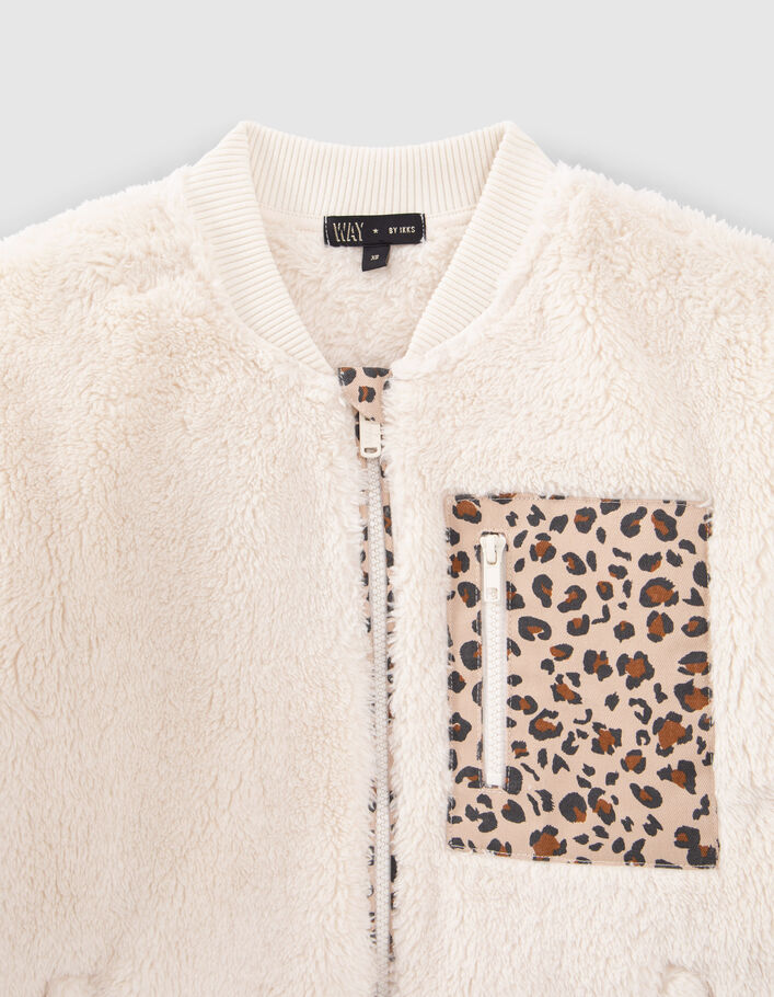Cardigan écru fourré avec détails motif léopard fille