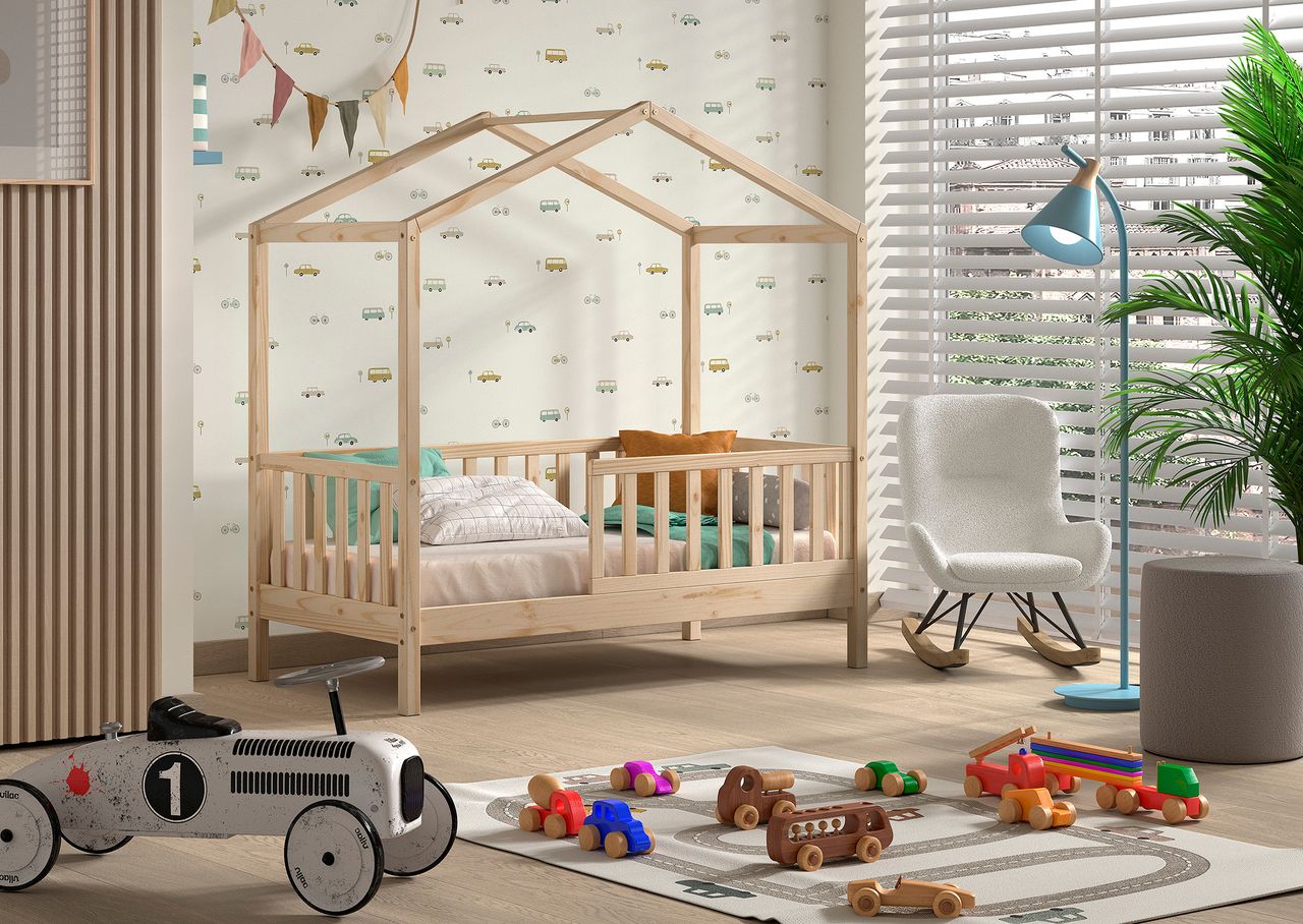 VIPACK Vipack - Junior Hausbett mit seitlicher Umrandung 70x140cm, m. Rolllattenrost Kiefer massiv Natur