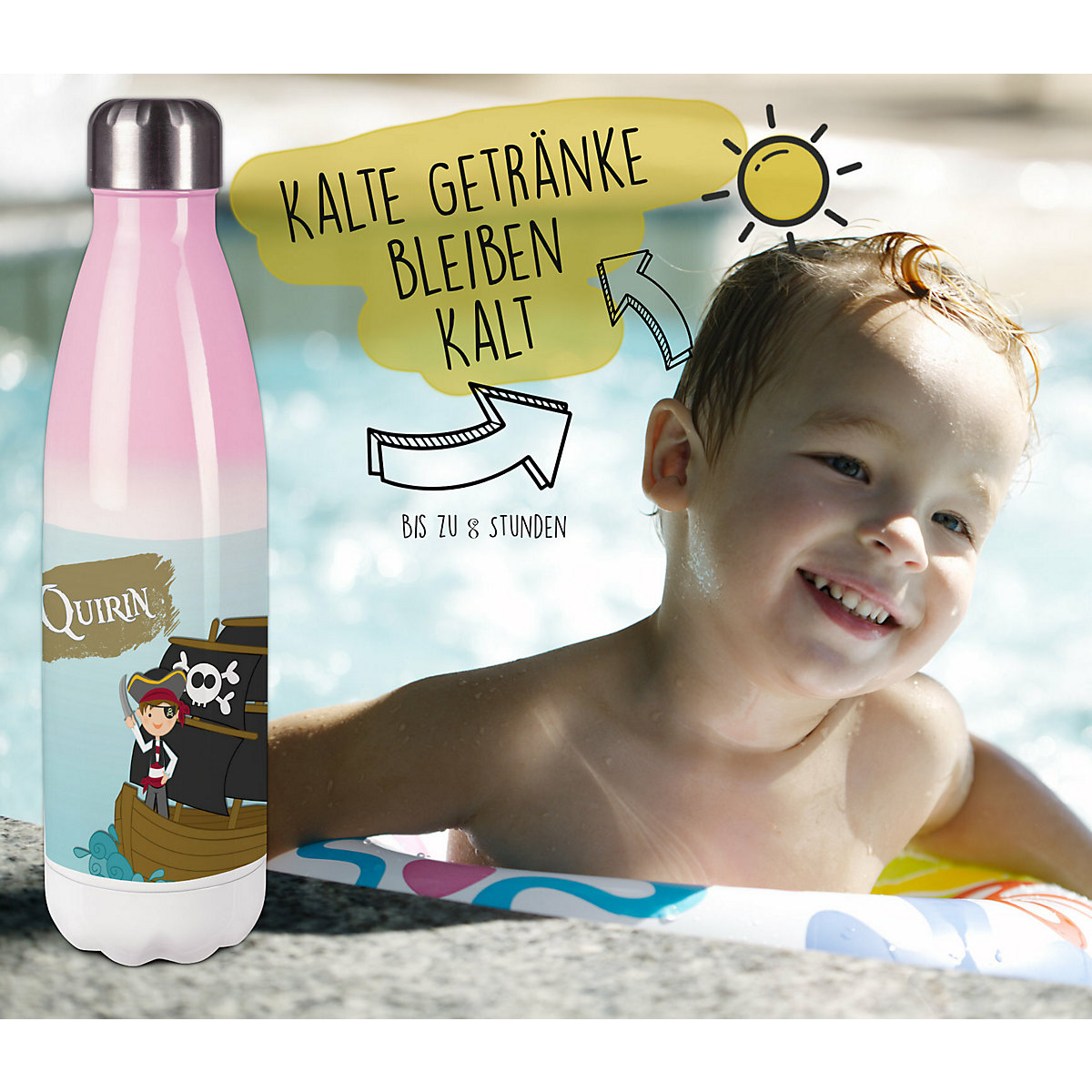 Edelstahl Kinder Thermoflasche / Trinkflasche bunt Pirat Spülmaschinenfest, Auslaufsicher, Bruchfest, Doppelwandig, Für Heißgetränke geeignet, Mit Deckel, Isoliert