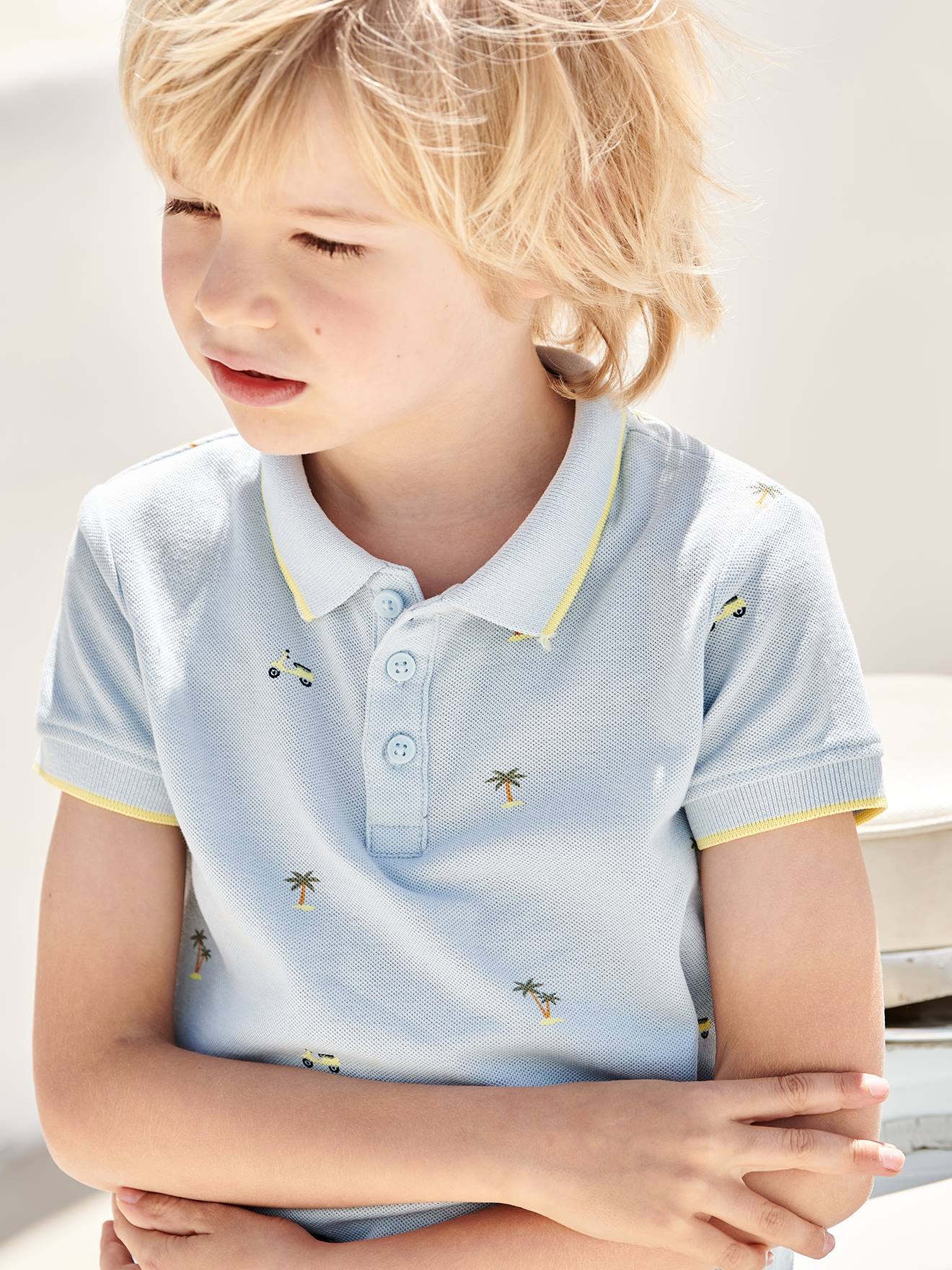 Polo imprimé garçon en maille piquée bleu imprimé