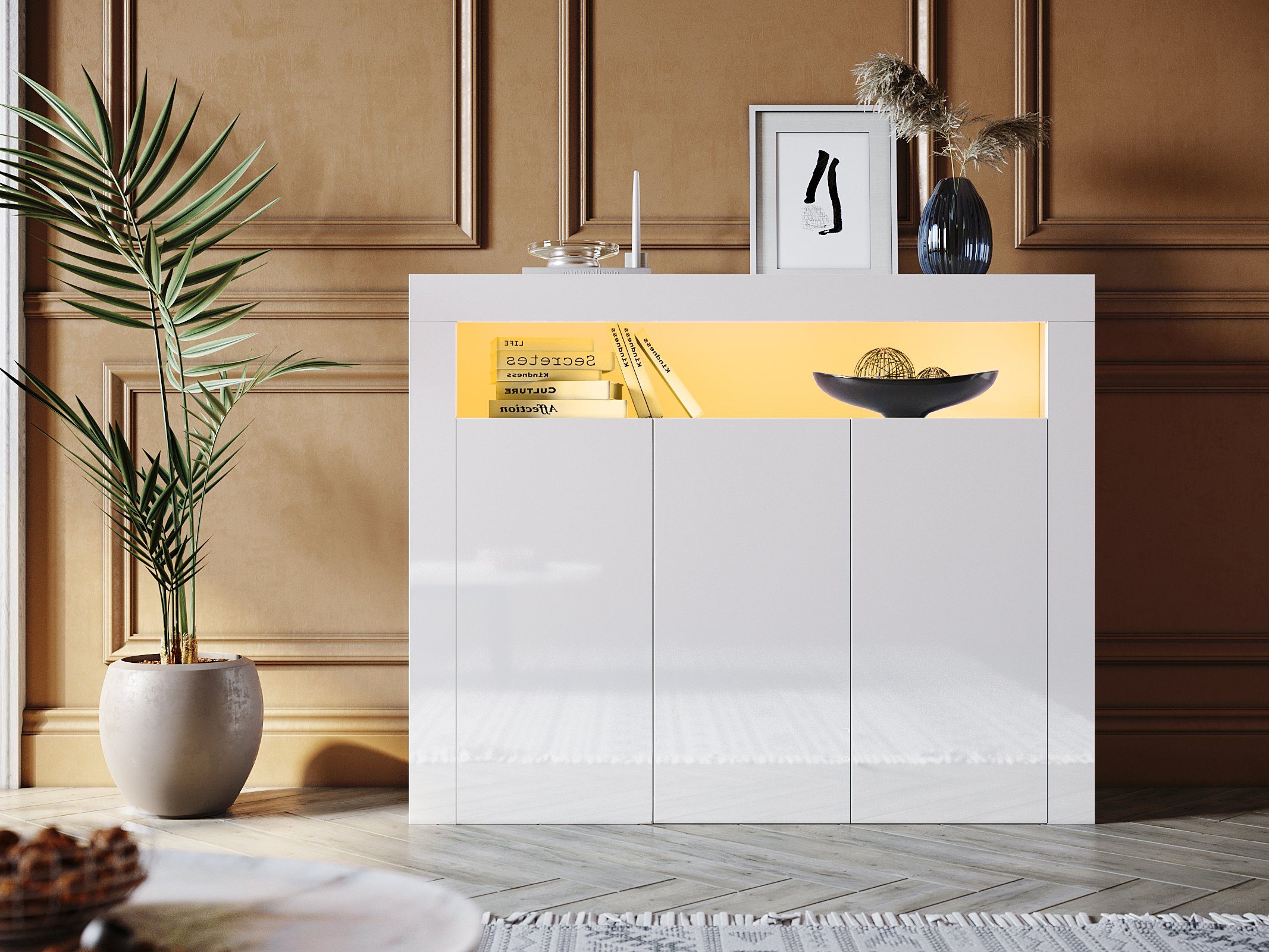 SONNI Highboard Sideboard weiß Hochglanz mit LED Beleuchtung 116x93x35cm, mit flexible Einlegeböden, Kommode, Highboards, Standschrank