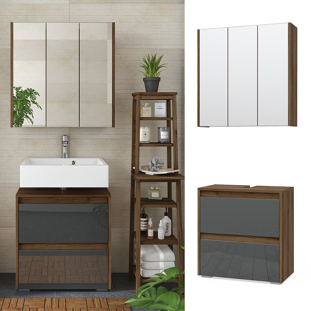 Vicco Badmöbel-Set Badezimmerset MAJEST Anthrazit / Nussbaum Set 2, (2-er Set, 2-St., 2-er Set)