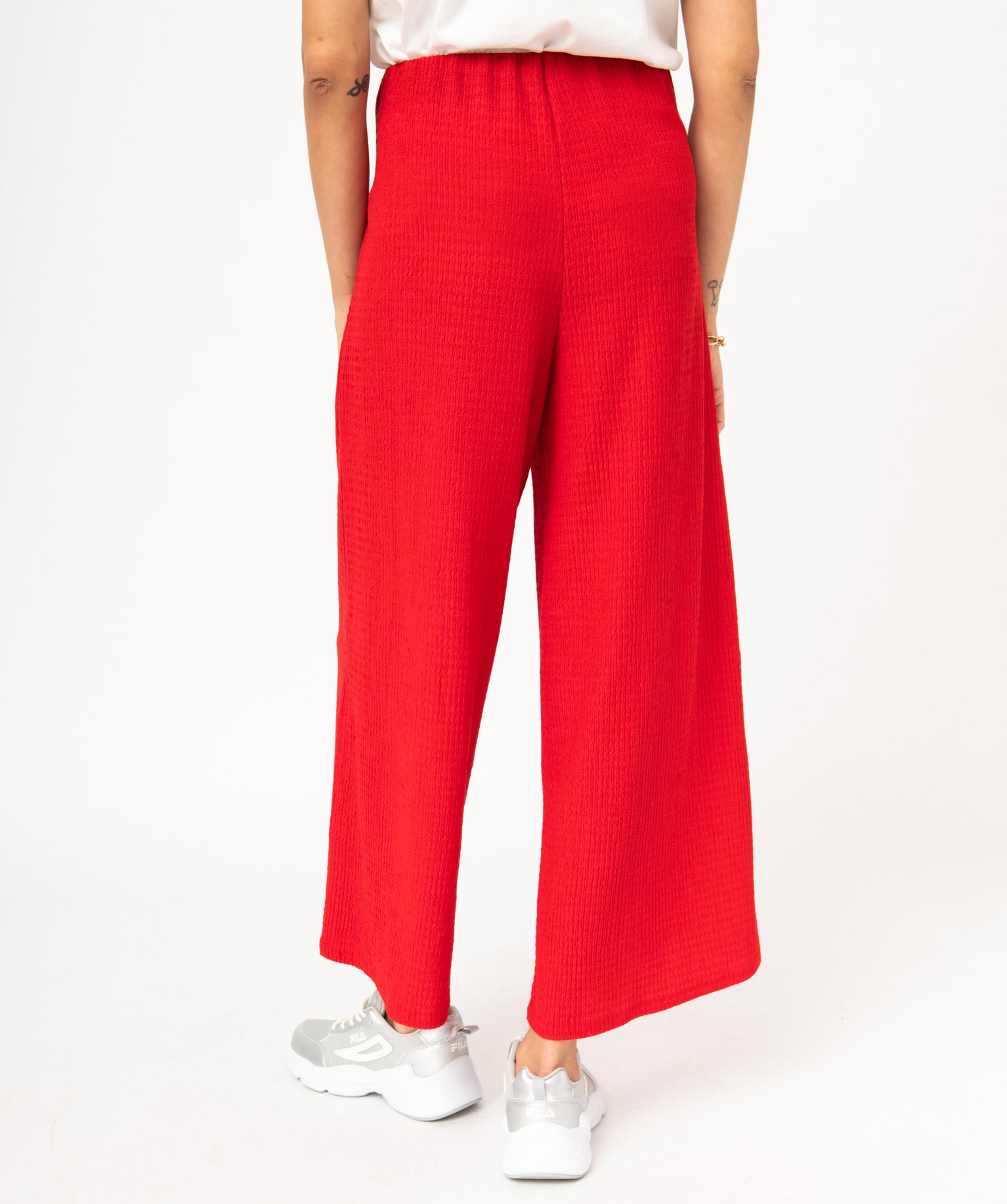 Pantacourt large en maille avec ceinture à nouer femme rouge | GEMO