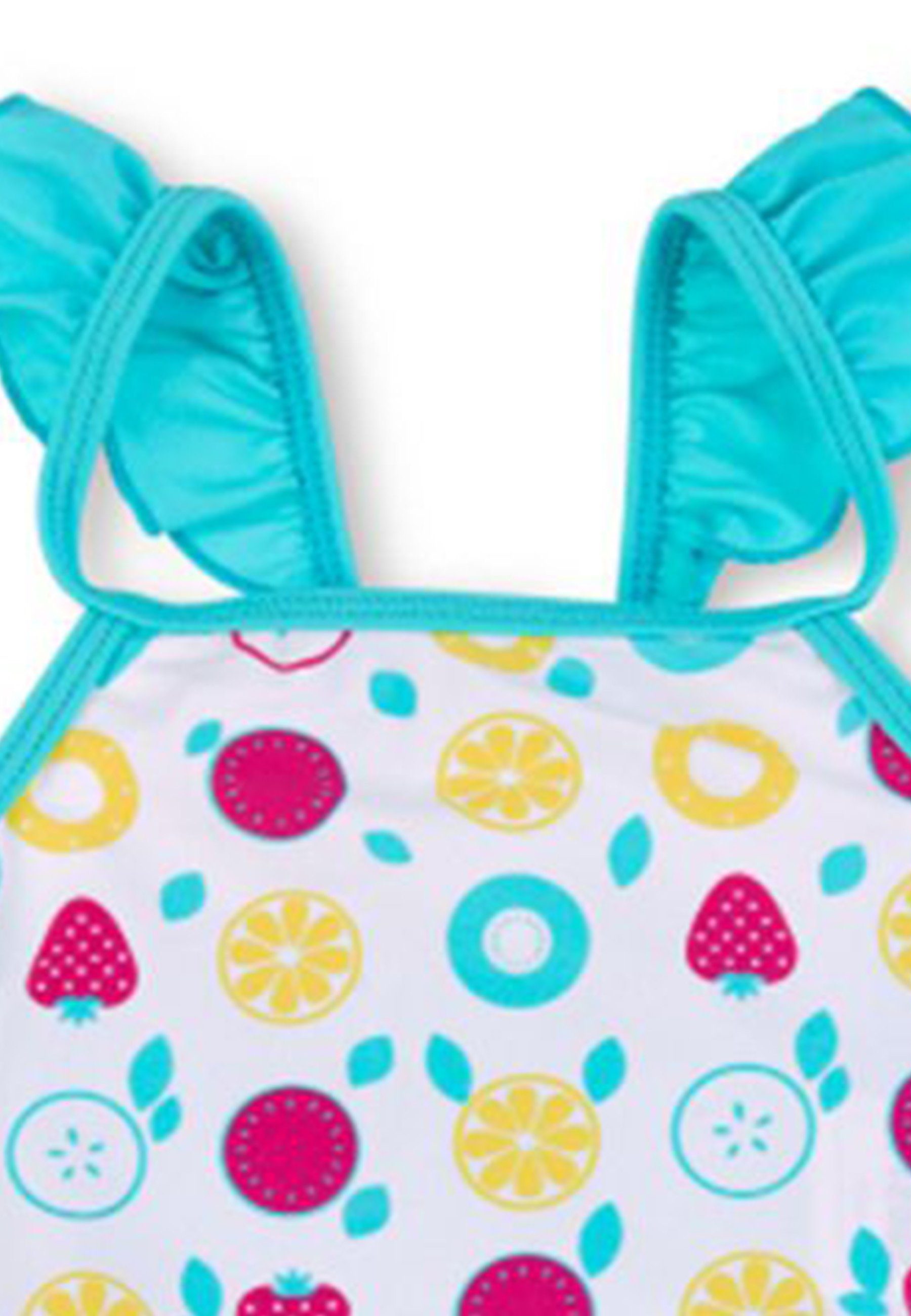 Sterntaler® Badeanzug Badeanzug uni + Früchte Kinderbadeanzug - Badeanzug in Weiß mit Rüschenträgern und Früchte Print - Baby Badebekleidung mit UV-Schutz 50+ und Windeleinsatz