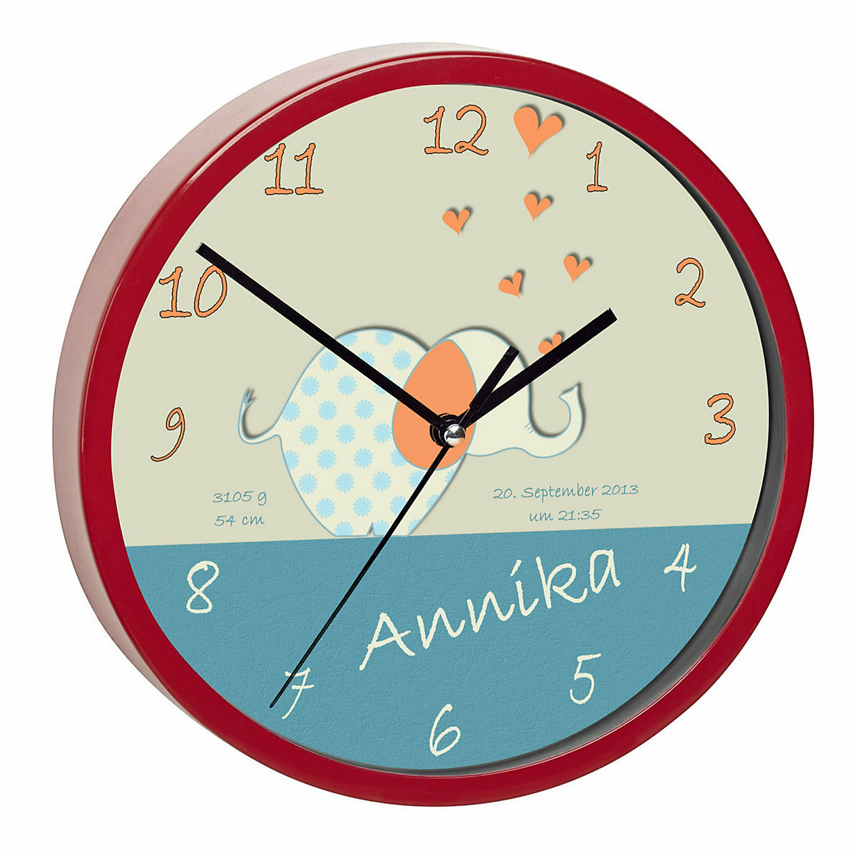 Kinder Wanduhr laufruhig personalisiert mit Name Elefant orange blau