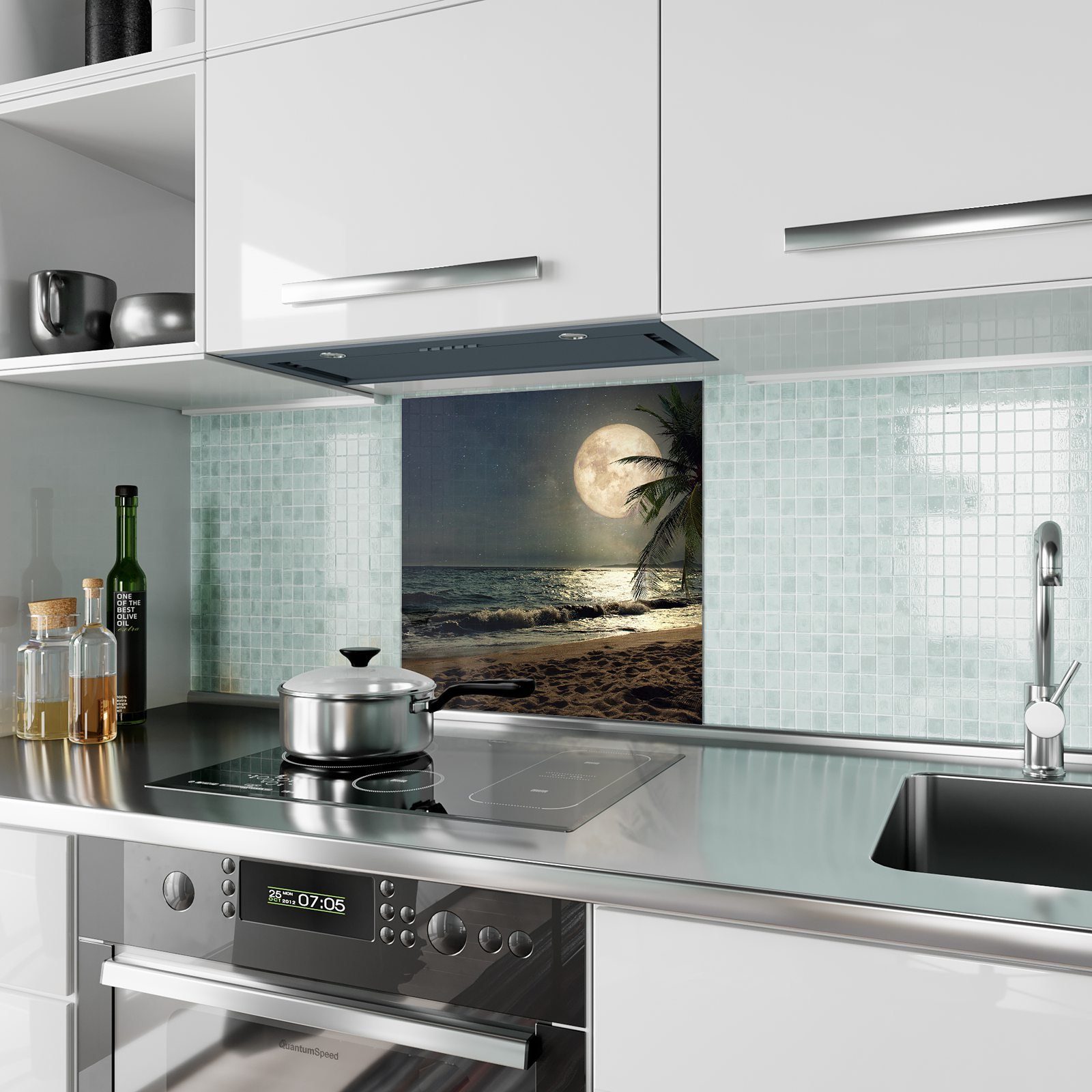 Primedeco Küchenrückwand Küchenrückwand Spritzschutz Glas mit Motiv Strand bei Nacht mit Mond
