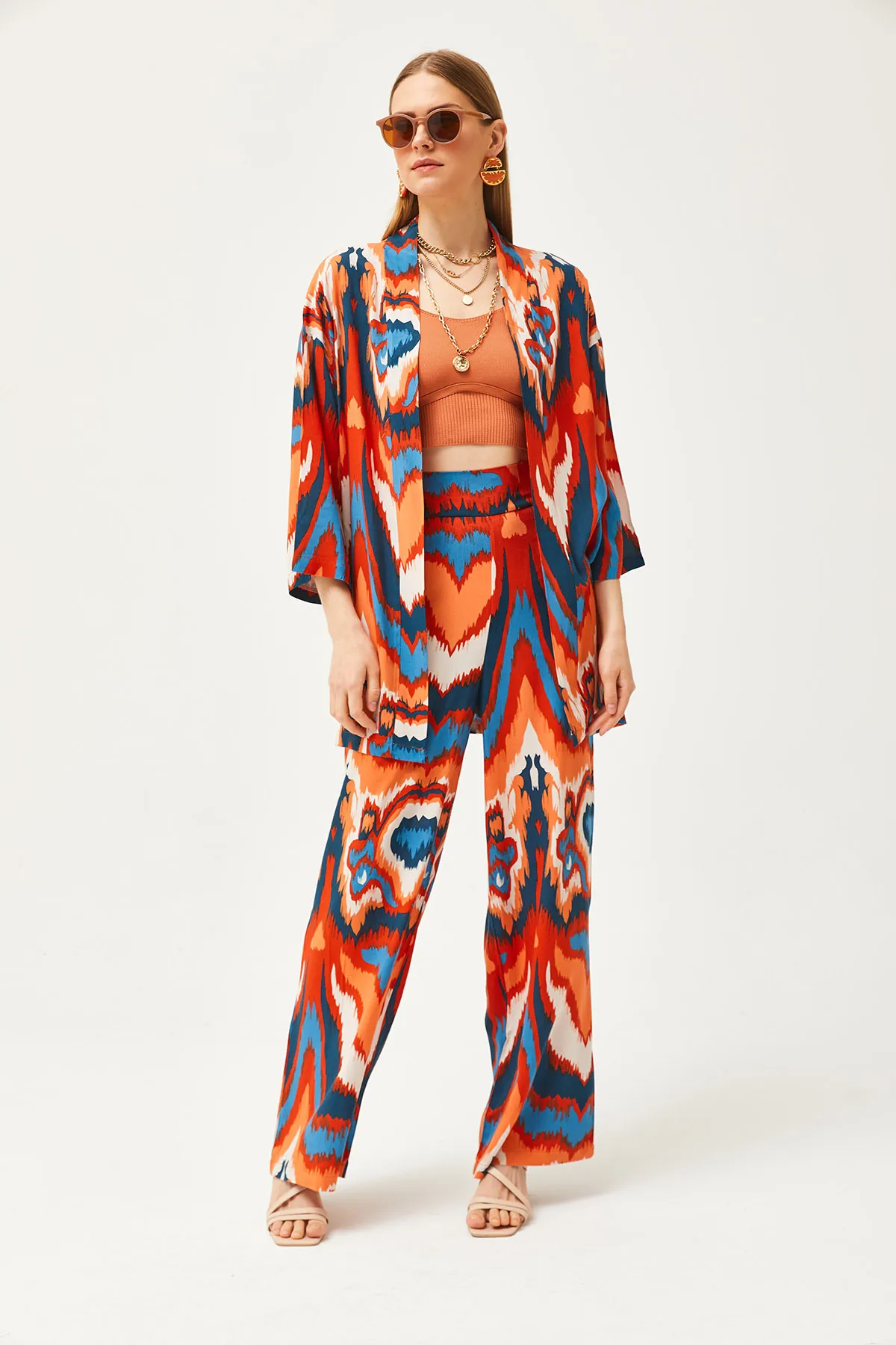 Olalook  Damen Orange Blau Oberteil Kimono Unterteil Taschenhose Set TKM-19000276