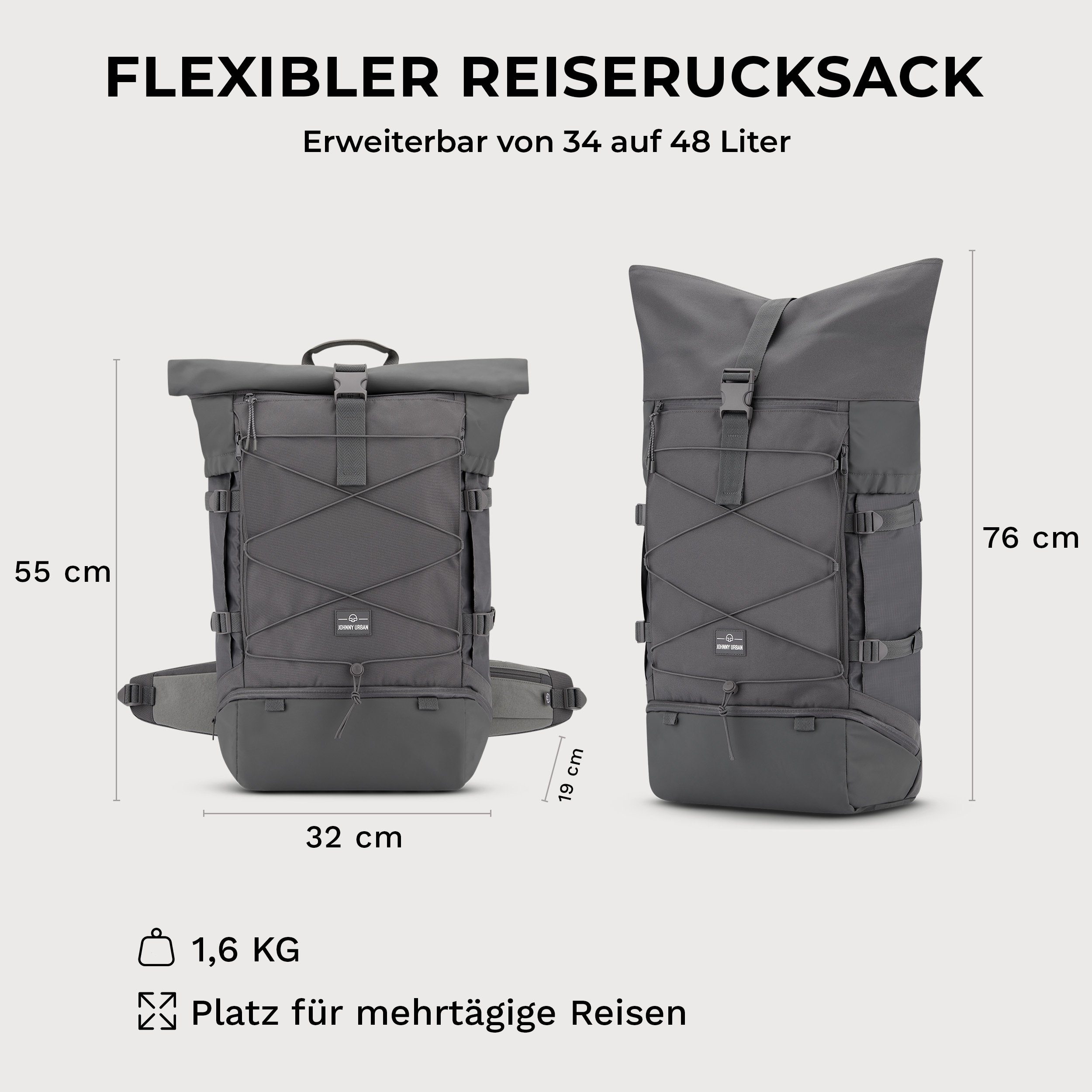 Johnny Urban Reiserucksack Travel Allen XL, Flexible Größe, mit Hüftgurt, Wasserabweisend